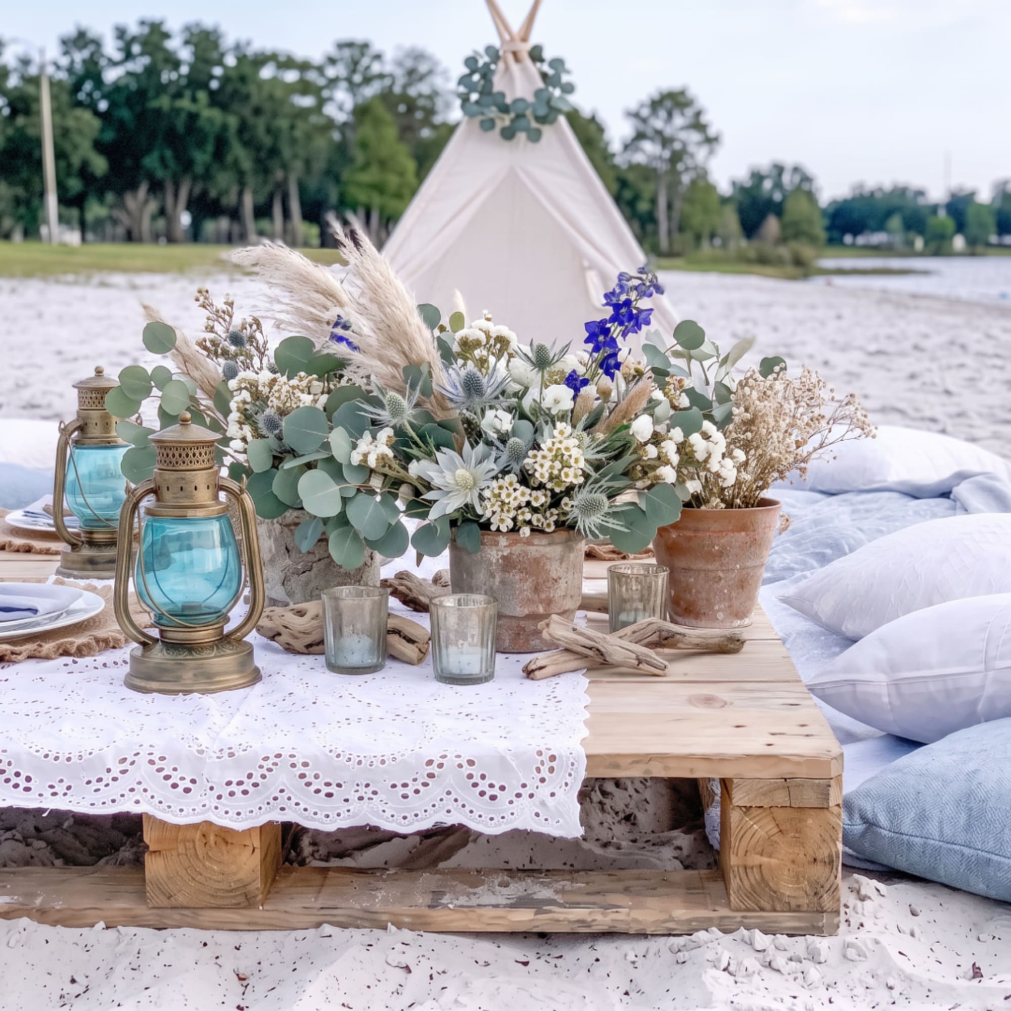 Boho floral centerpiece with blue lanterns on a low wooden table by a lakeside teepee