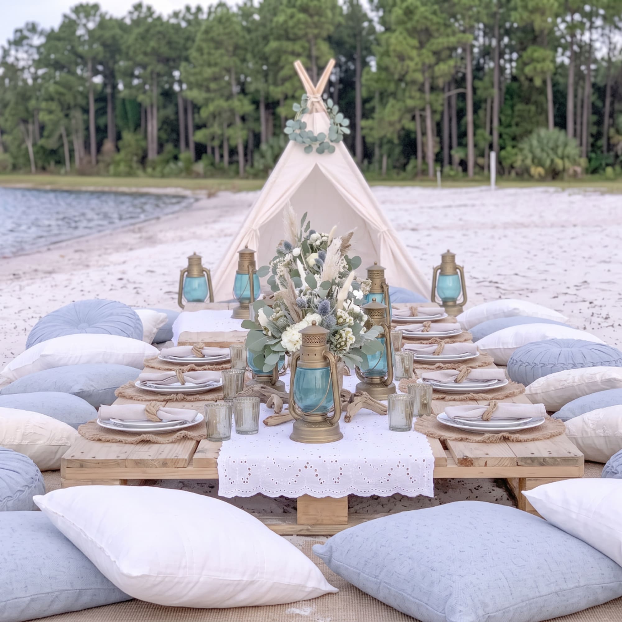 Low floral centerpiece on a beach picnic table with lanterns and a small teepee backdrop