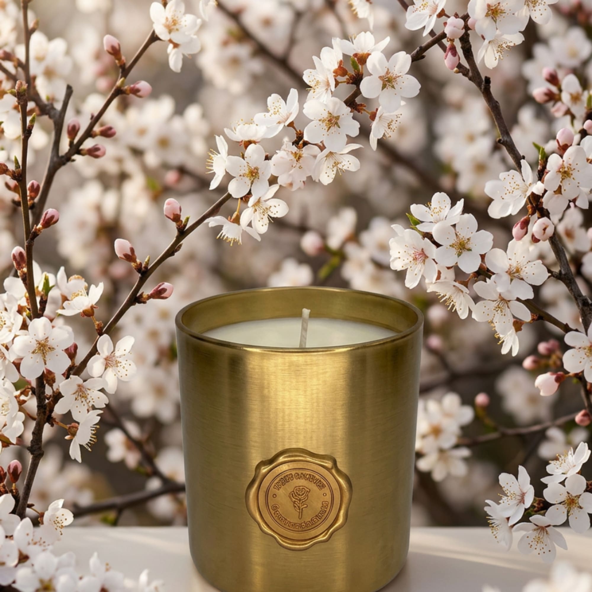 Gold candle in a metal cup surrounded by white blossoms