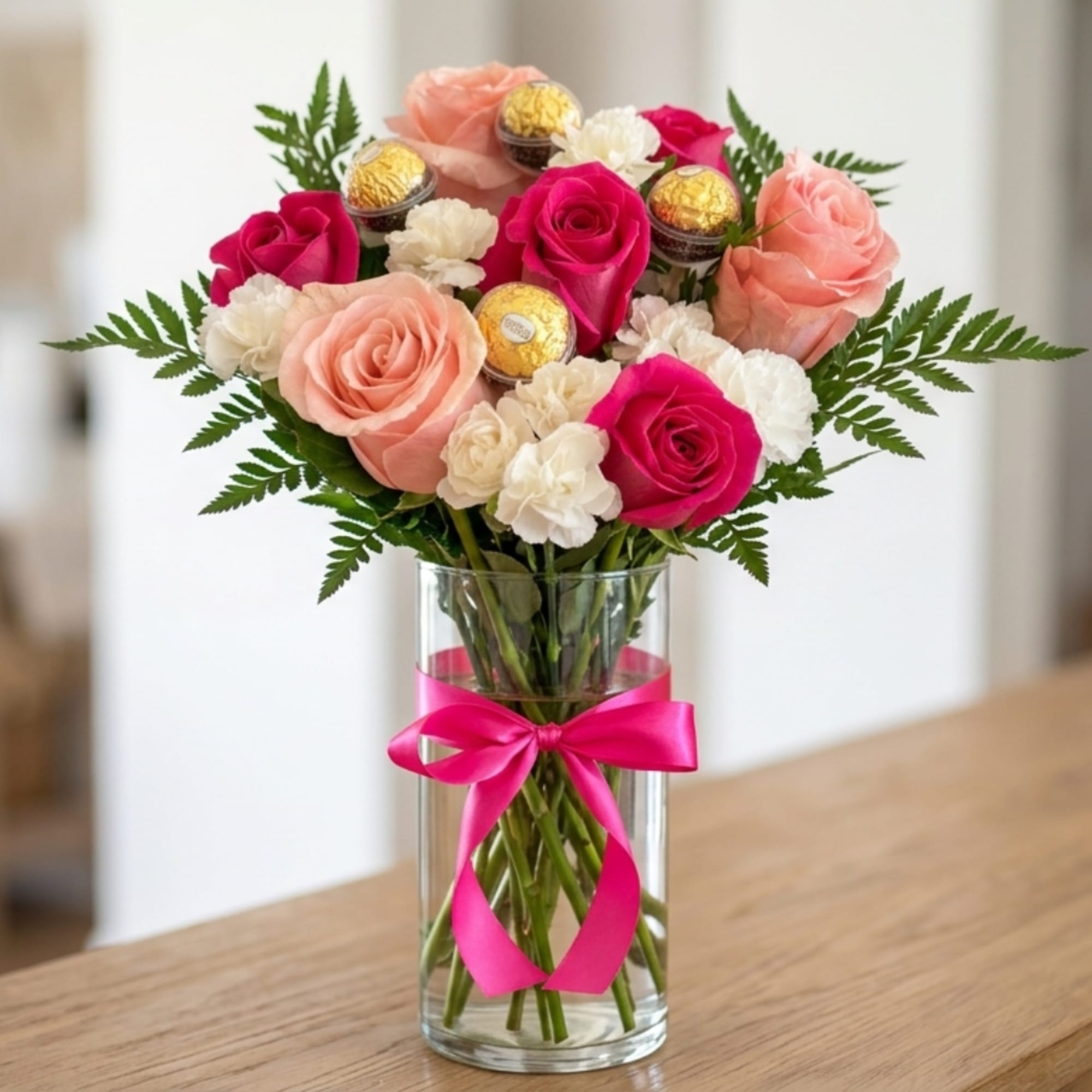 Pink and peach roses with chocolates in a glass vase tied with a pink ribbon