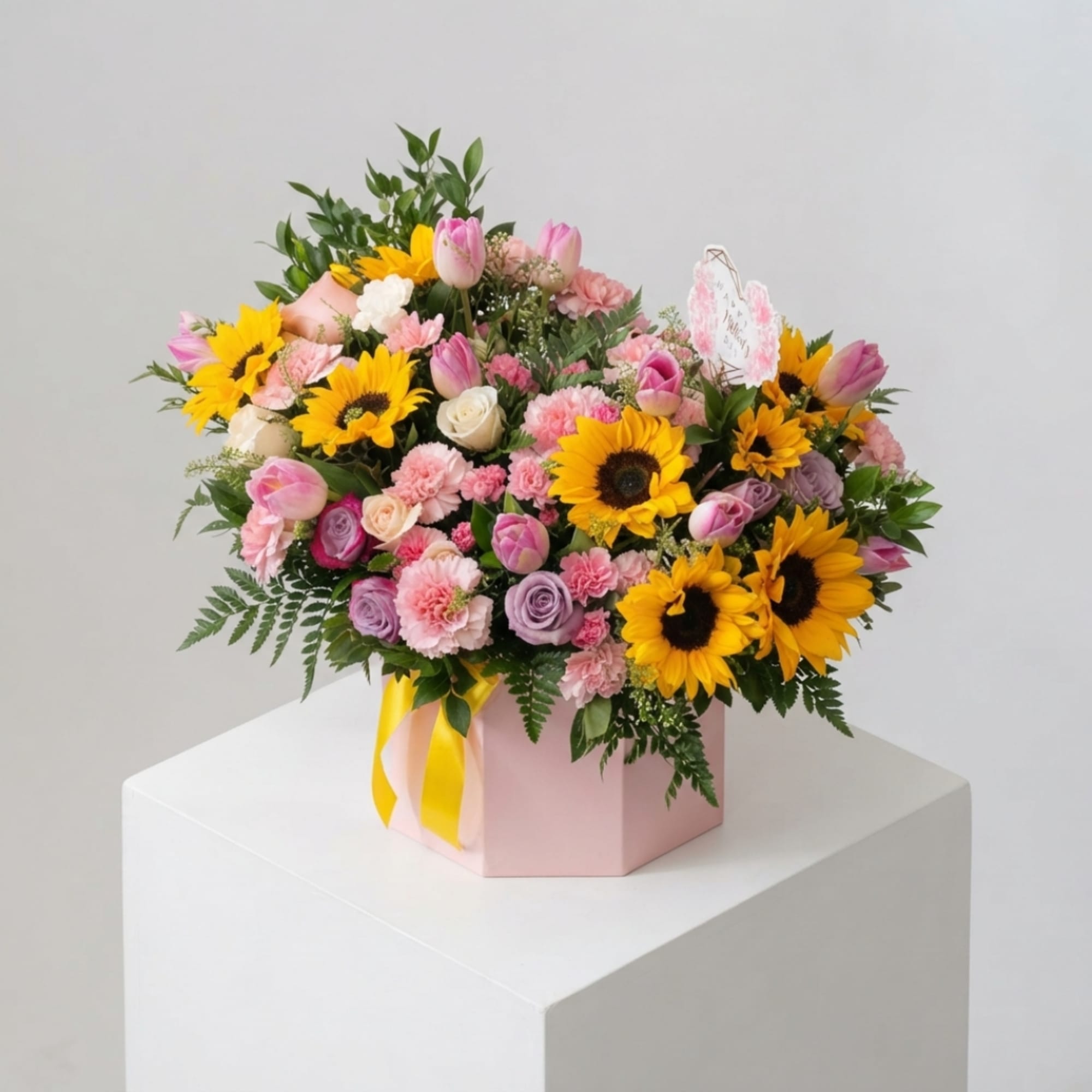 Pink box arrangement with sunflowers, tulips, and roses
