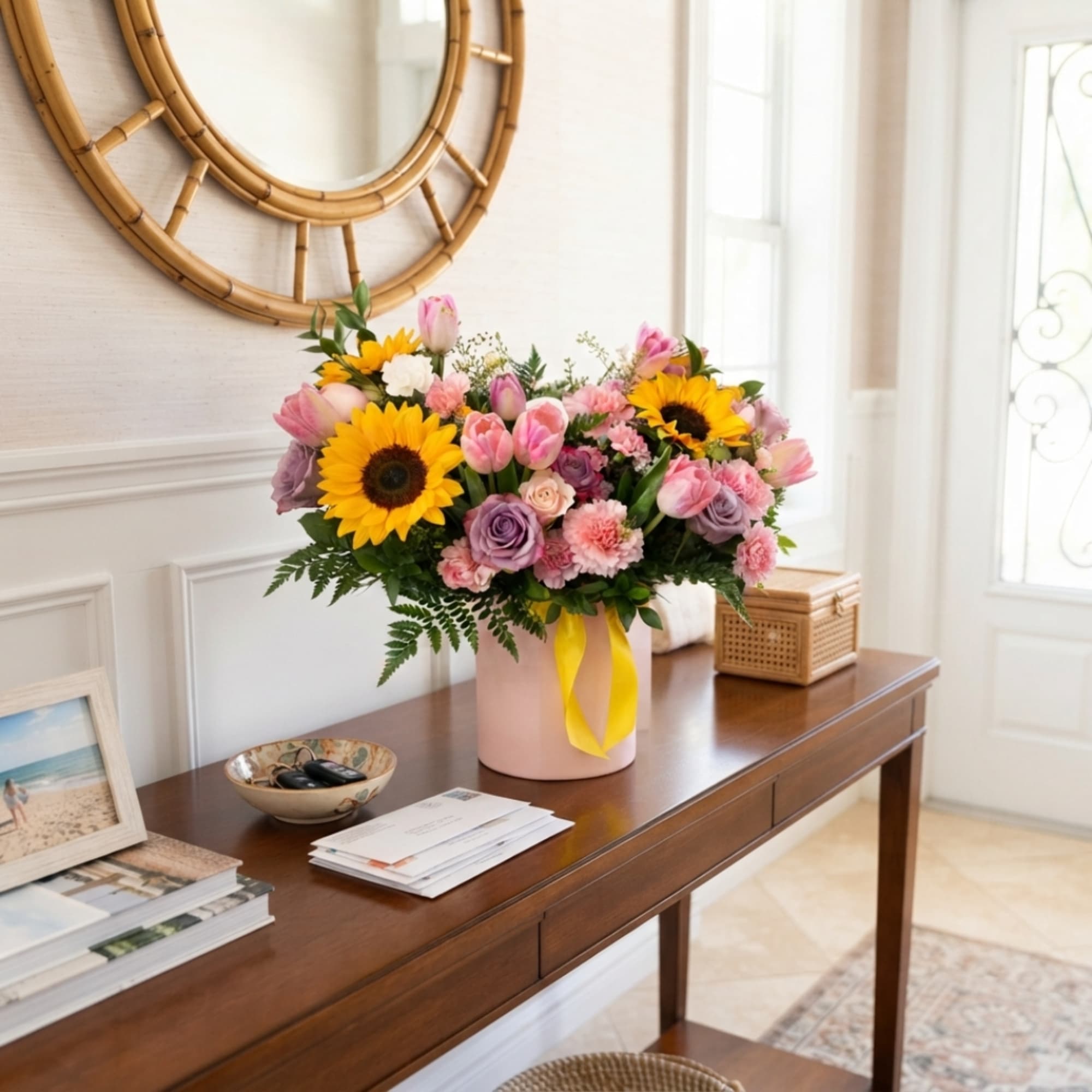 Pink and yellow flower arrangement in a blush vase with a yellow ribbon