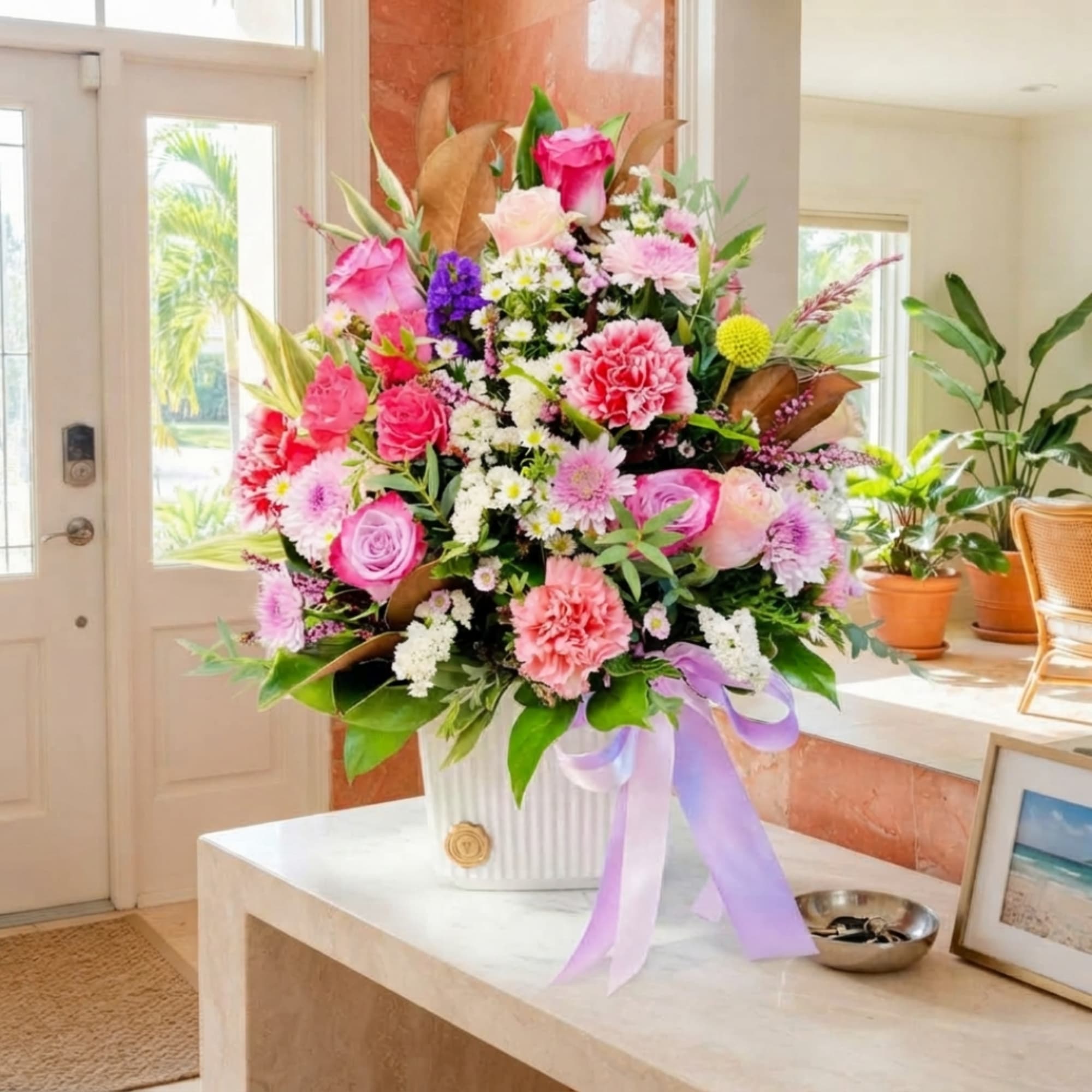 Large mixed flower arrangement in a white vase with a lavender ribbon