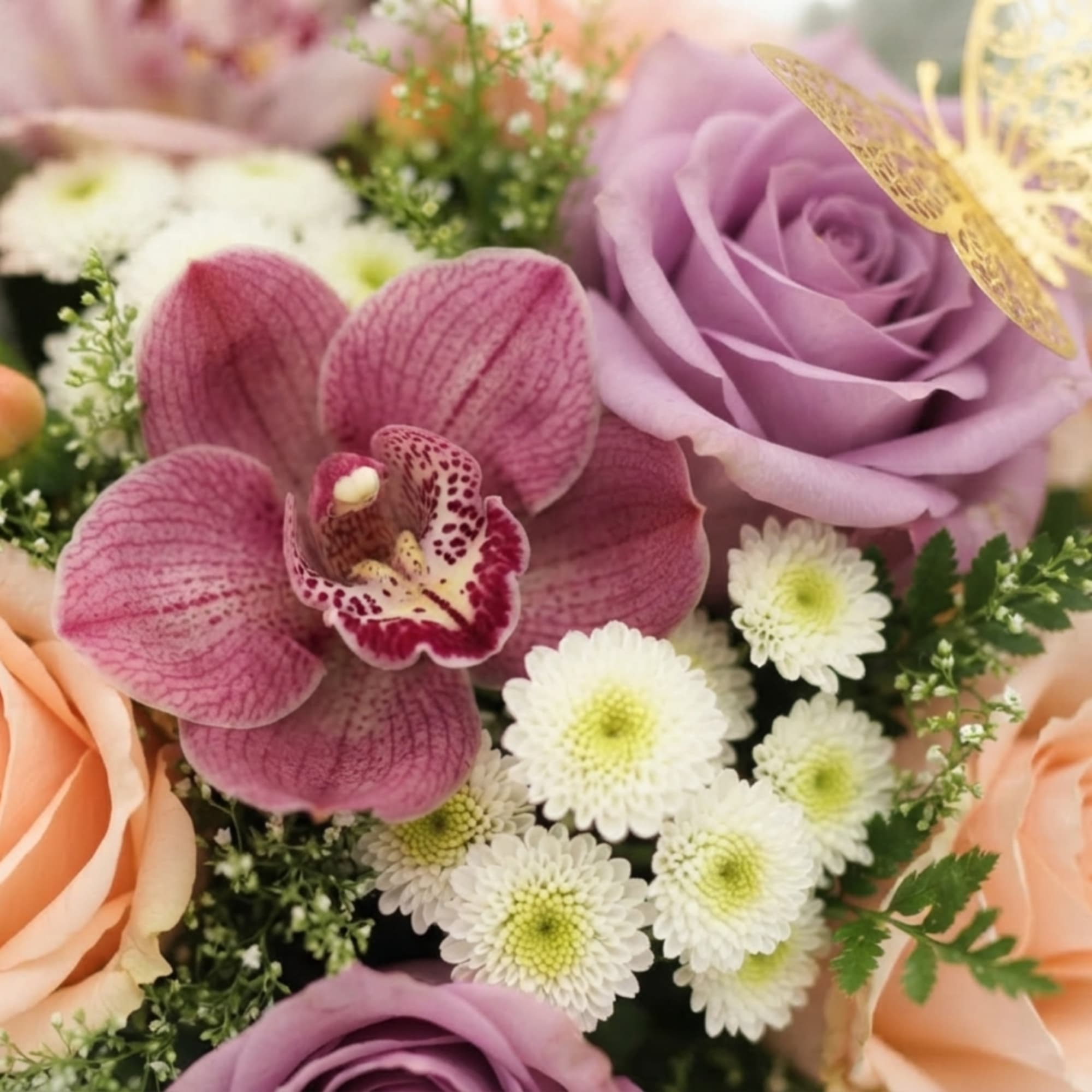 Bouquet of lavender roses, pink orchids, and white daisies