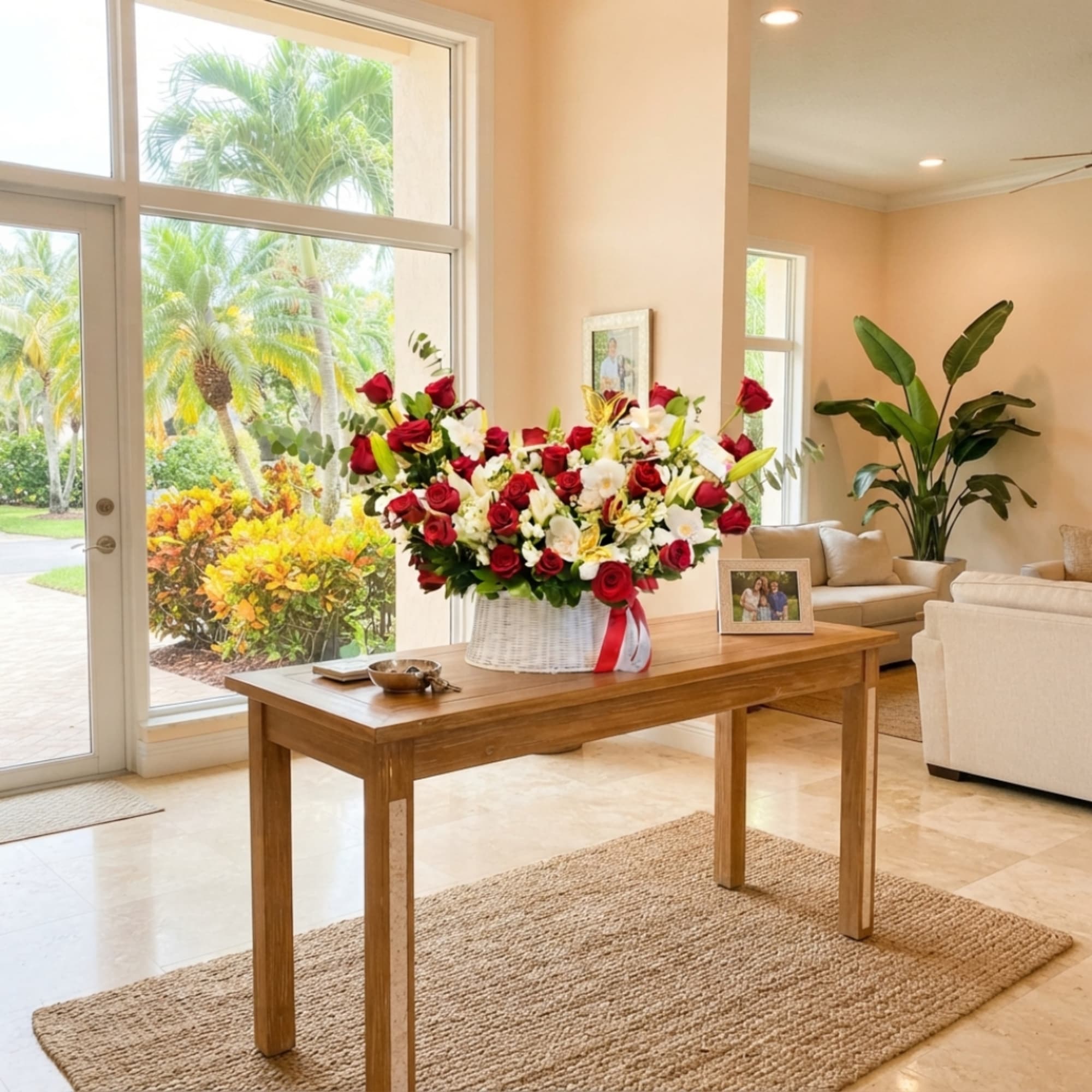 Large bouquet of red roses and white lilies in a white basket on a table