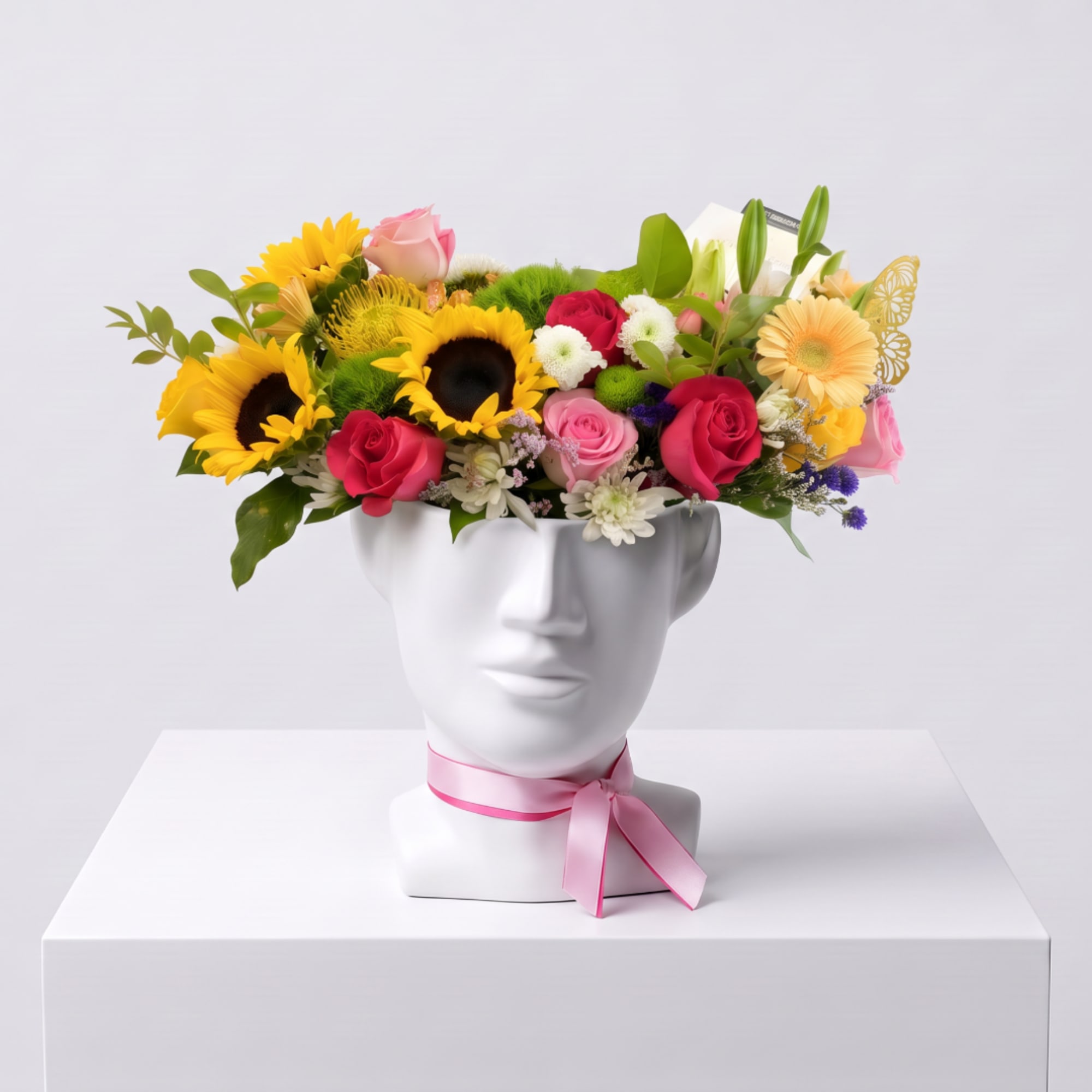 Colorful flower crown on a white mannequin head with a pink ribbon