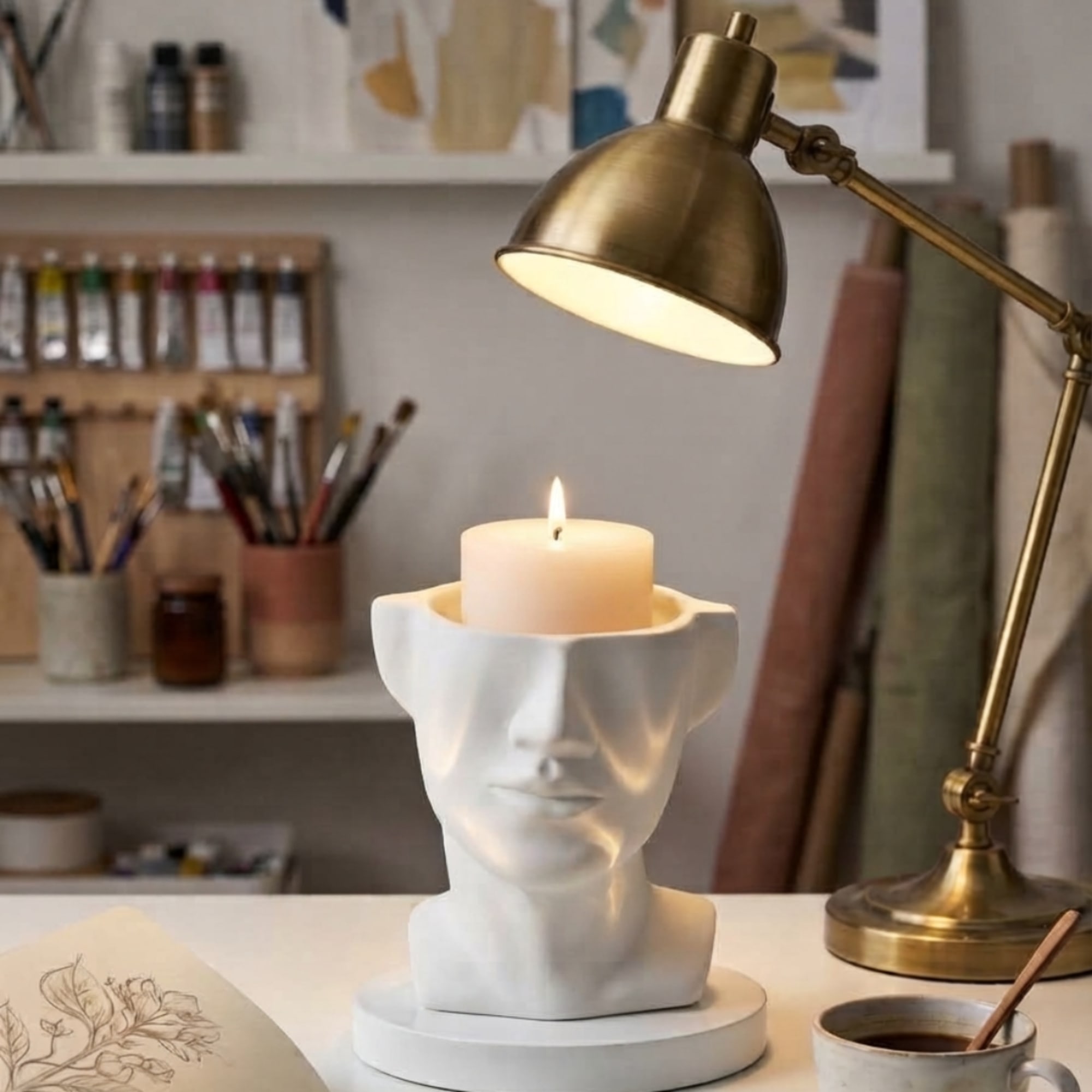 Lit candle in a white sculpted face holder on a desk