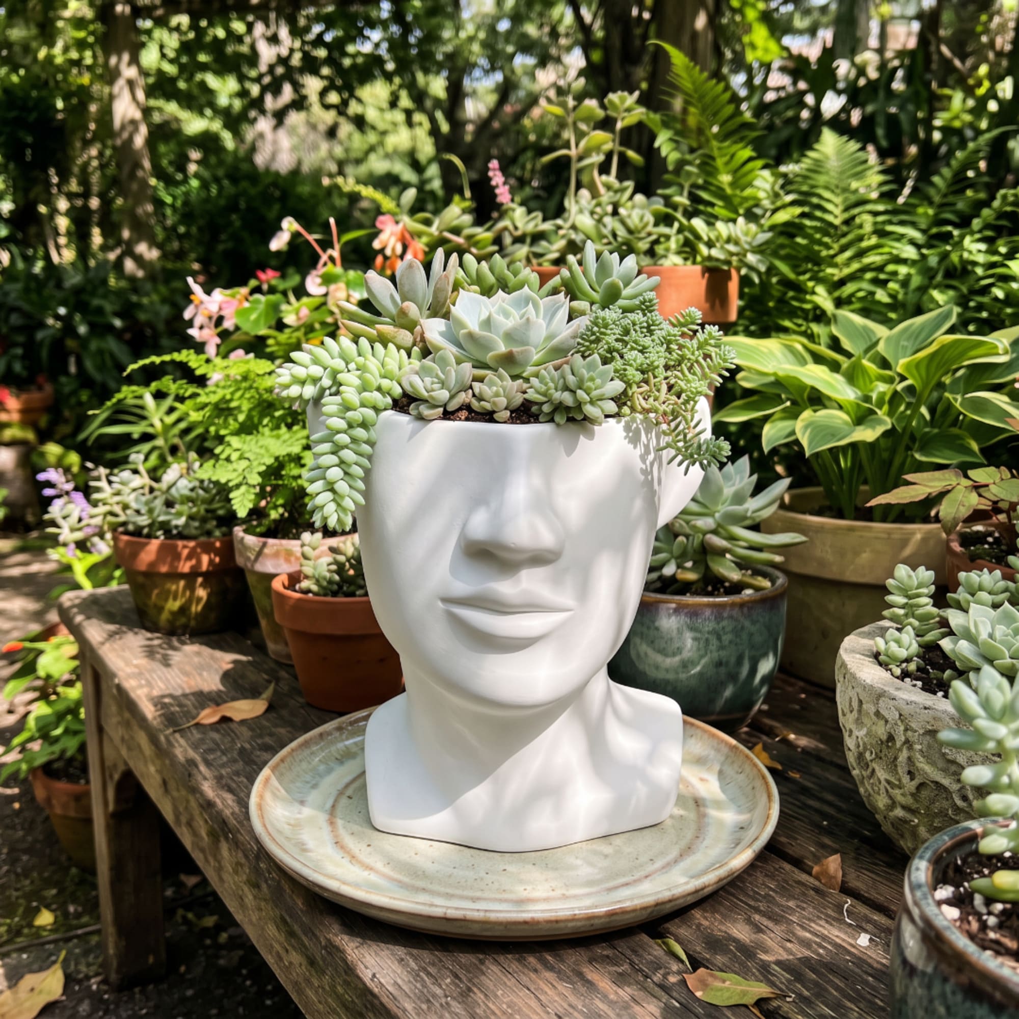 Succulent arrangement in a white face-shaped planter on a plate