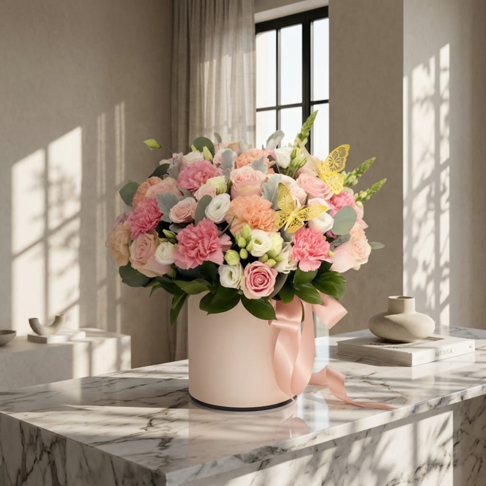 Pink and white flower arrangement in a round vase with a ribbon