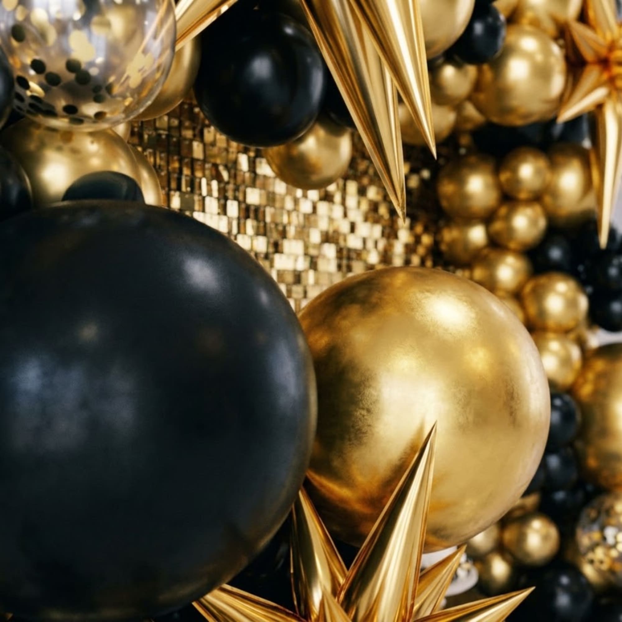 Black and gold balloon wall with metallic starburst accents
