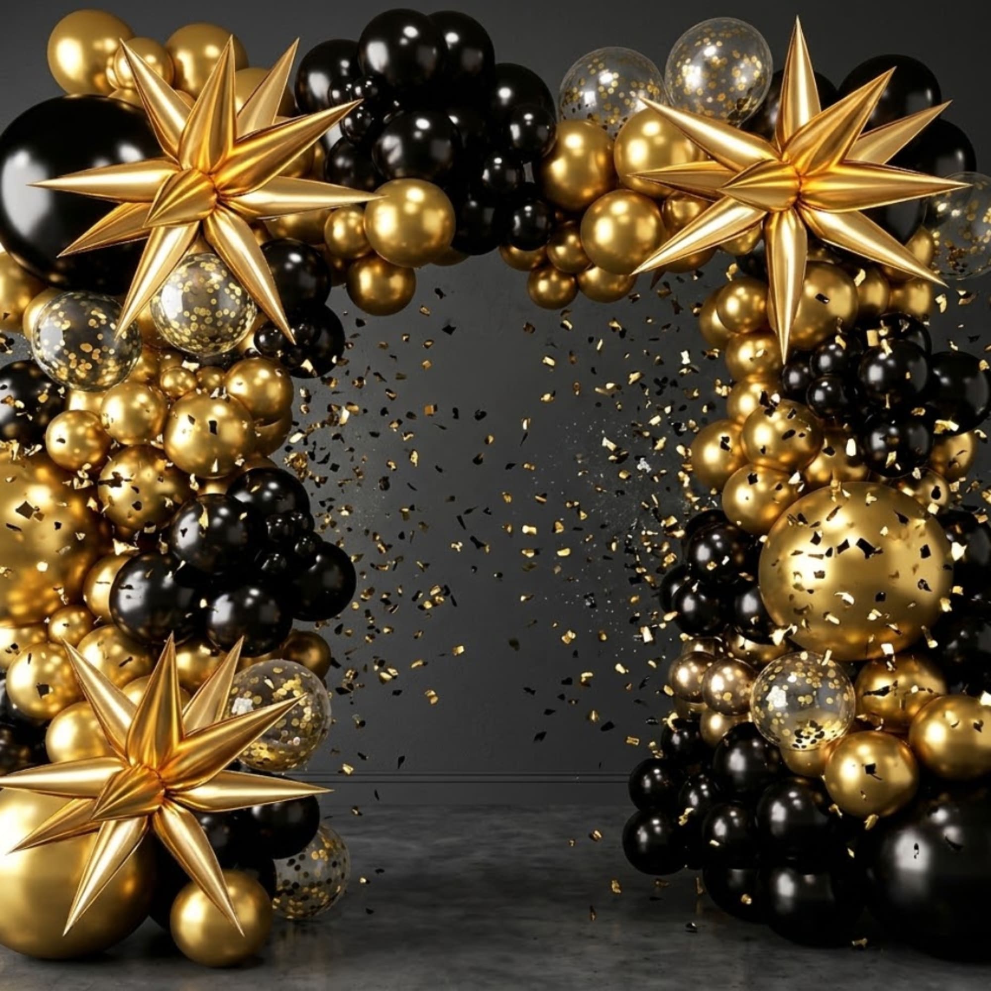Black and gold balloon arch with star-shaped foil balloons and confetti