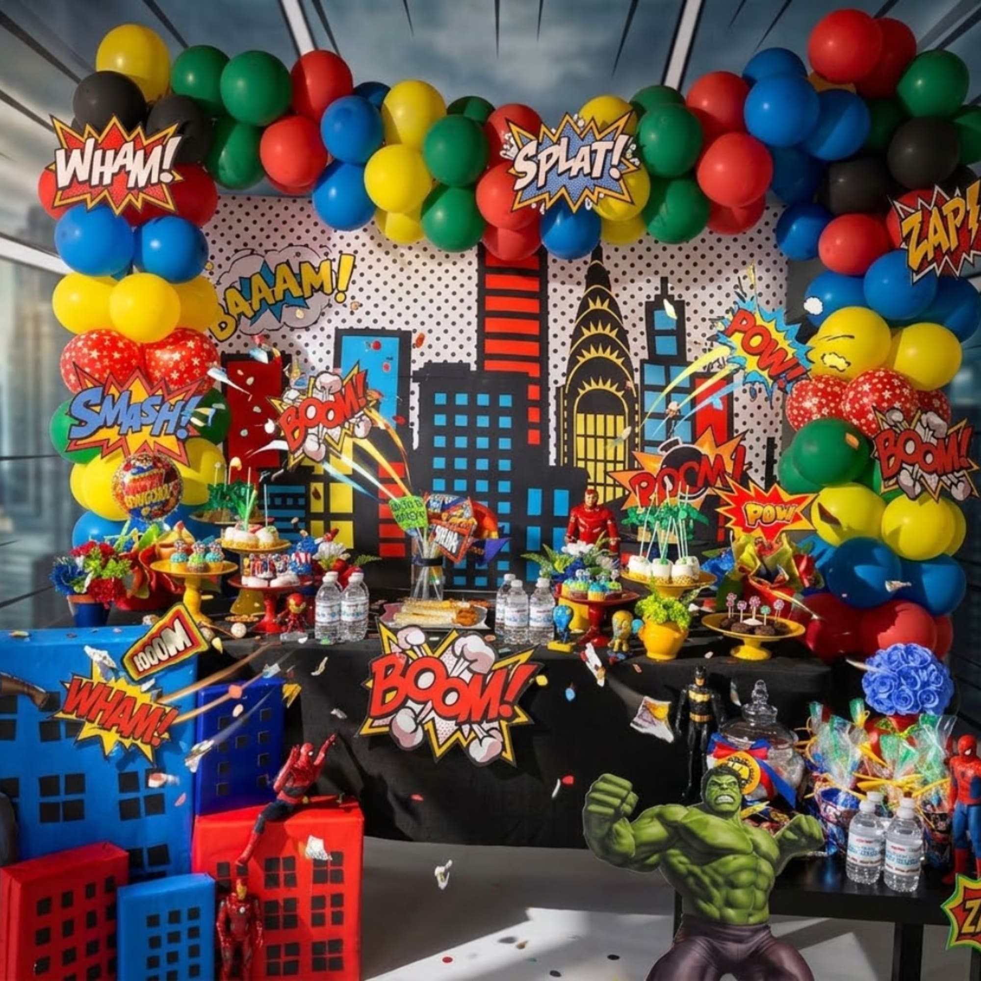 Superhero-themed party setup with balloons, comic signs, and dessert tables