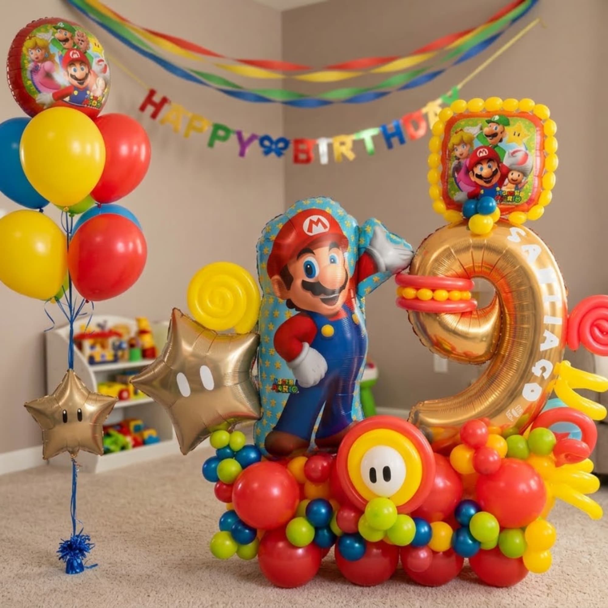 Mario-themed birthday balloon display with colorful balloons and number 9