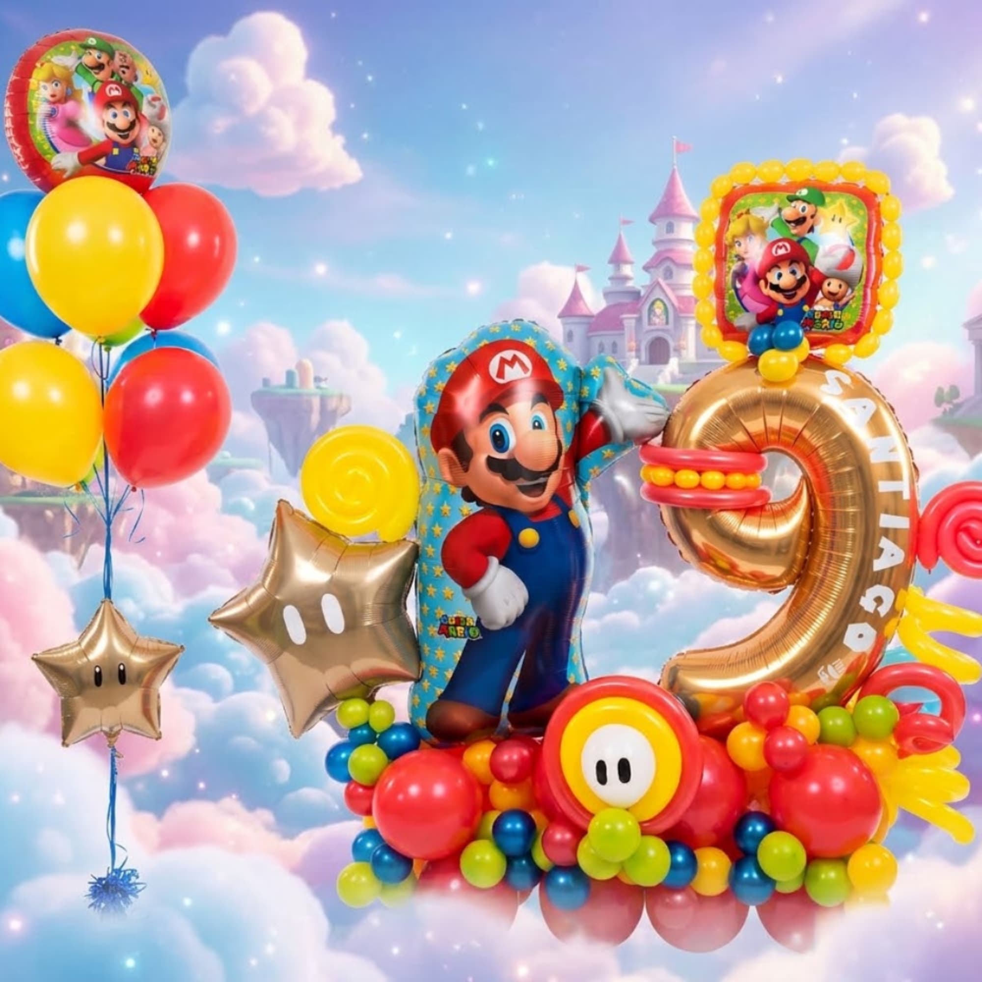 Mario-themed balloon display with colorful balloons and star-shaped foil balloons