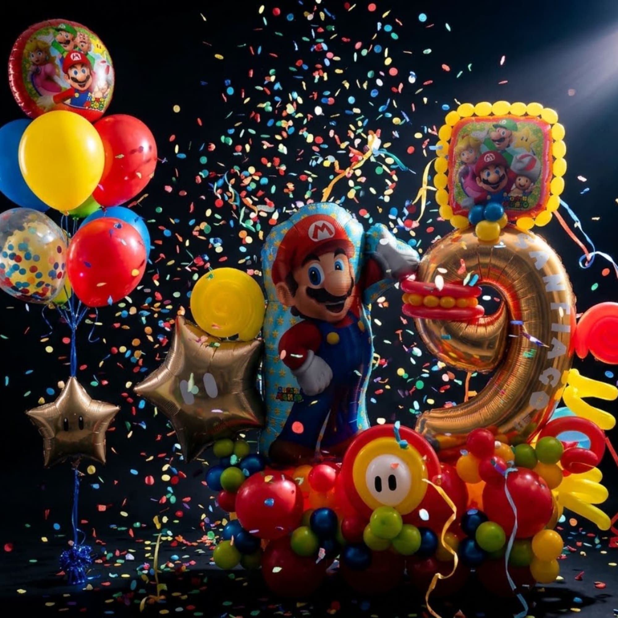 Mario-themed balloon display with confetti and colorful number balloons