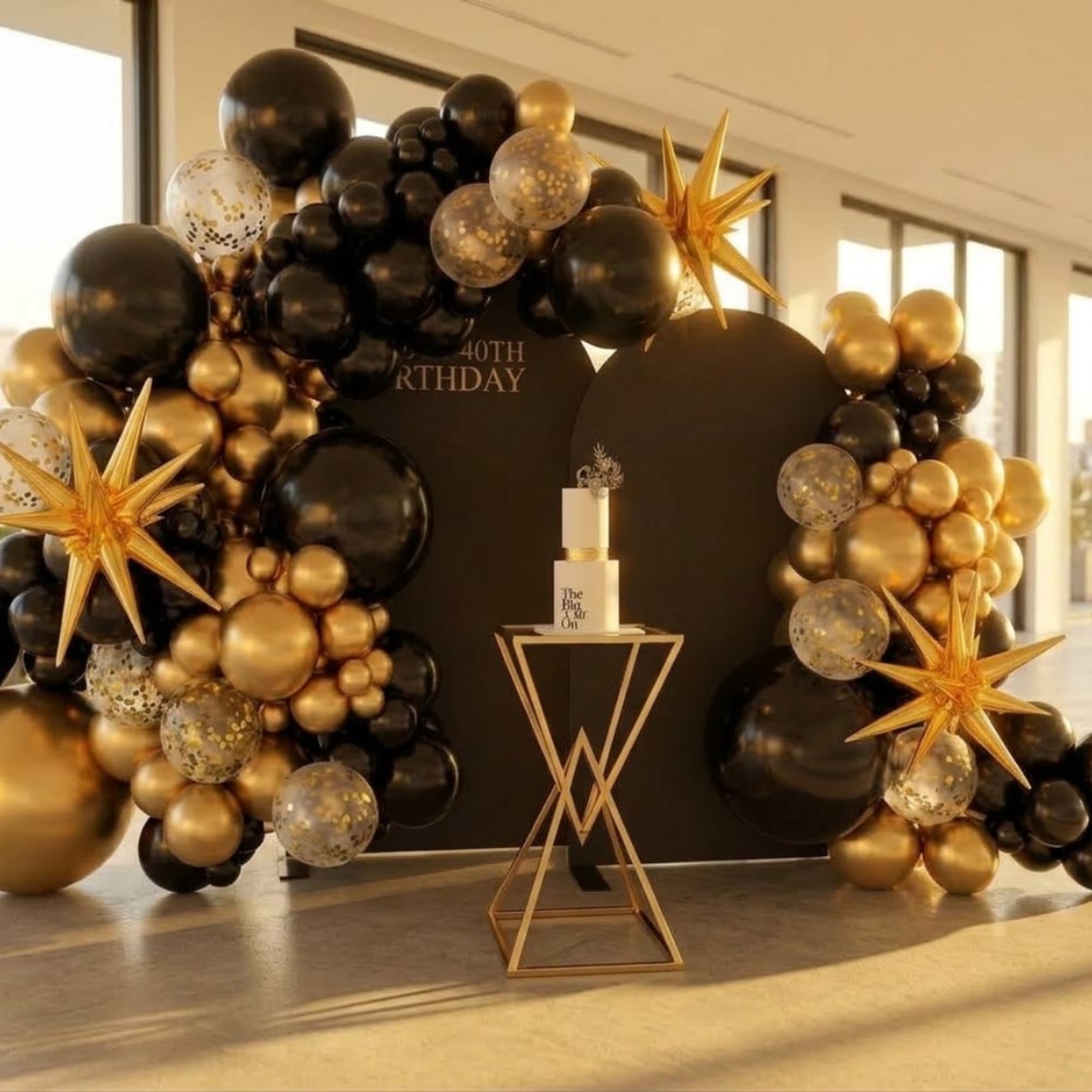 Black and gold balloon display with star accents and a birthday backdrop