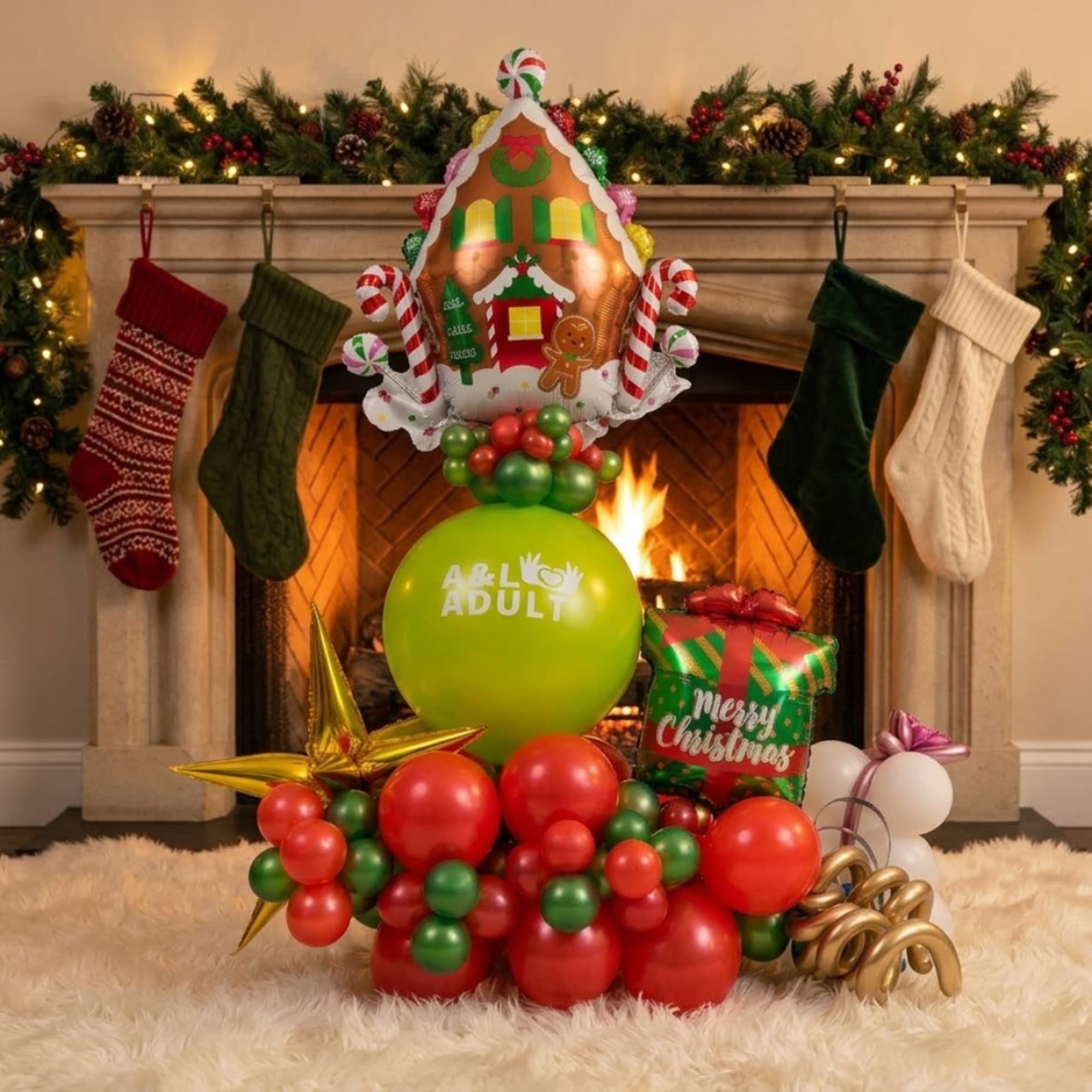Christmas balloon display with stockings, a gingerbread house balloon, and gift balloons by a fireplace