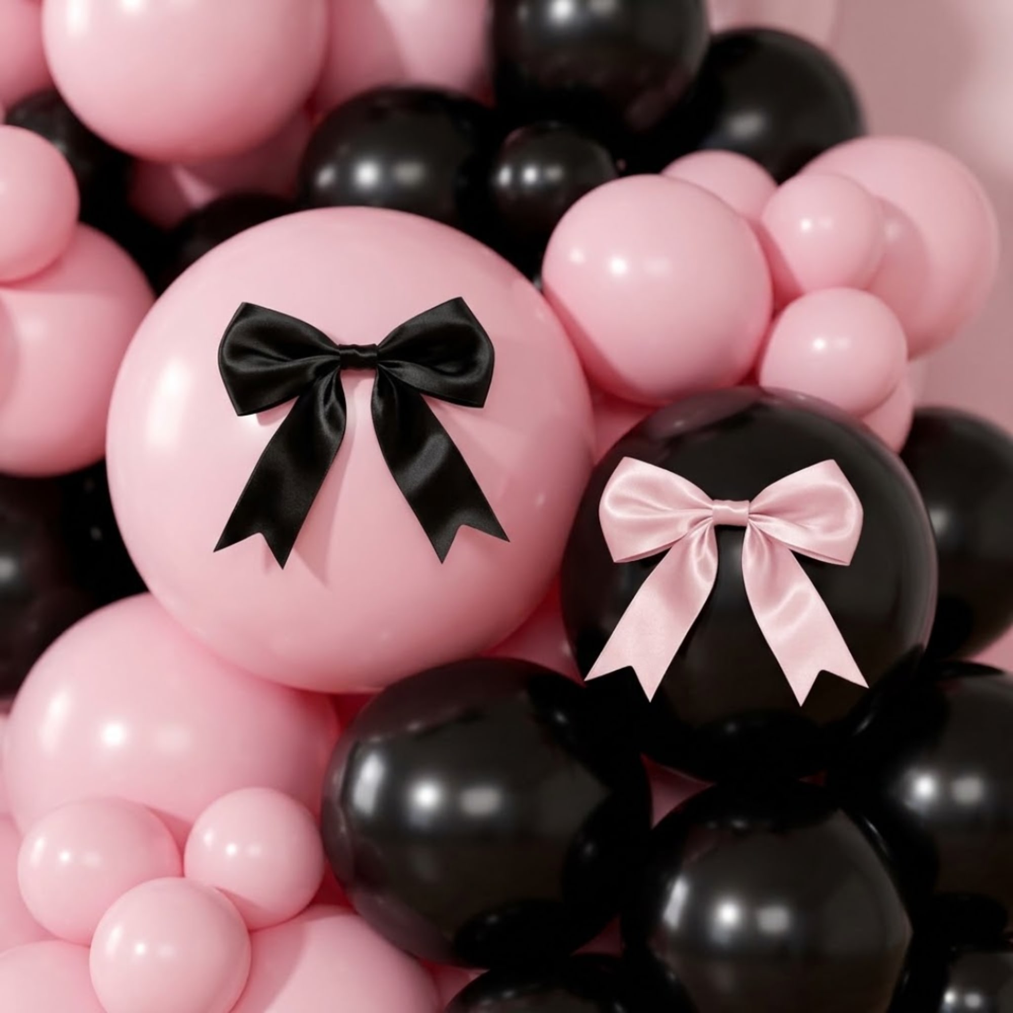Pink and black balloon arrangement with satin bows