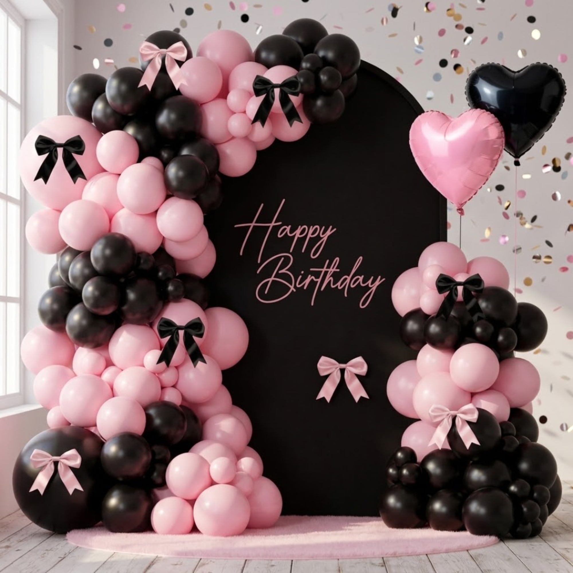 Pink and black balloon birthday backdrop with heart balloons and bows