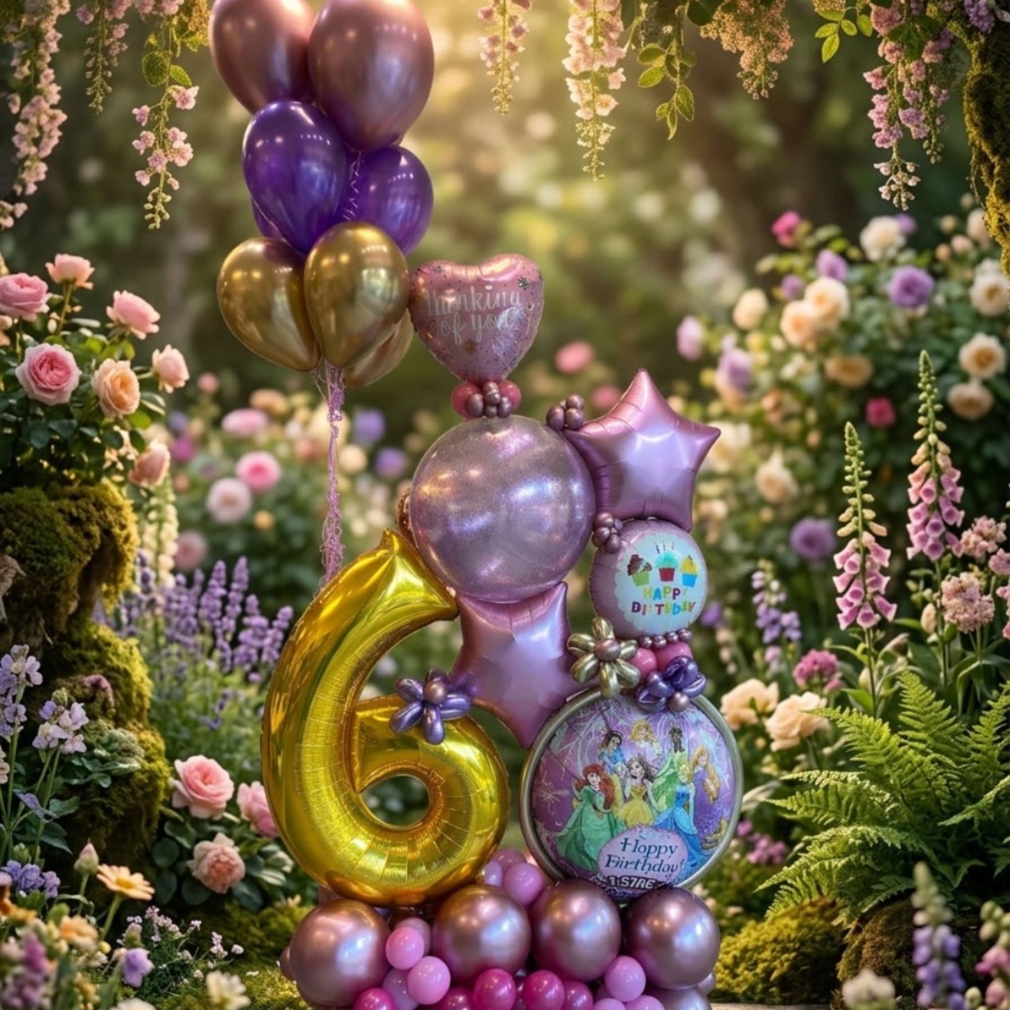 Birthday balloon display with a gold number 6 and purple balloons among flowers