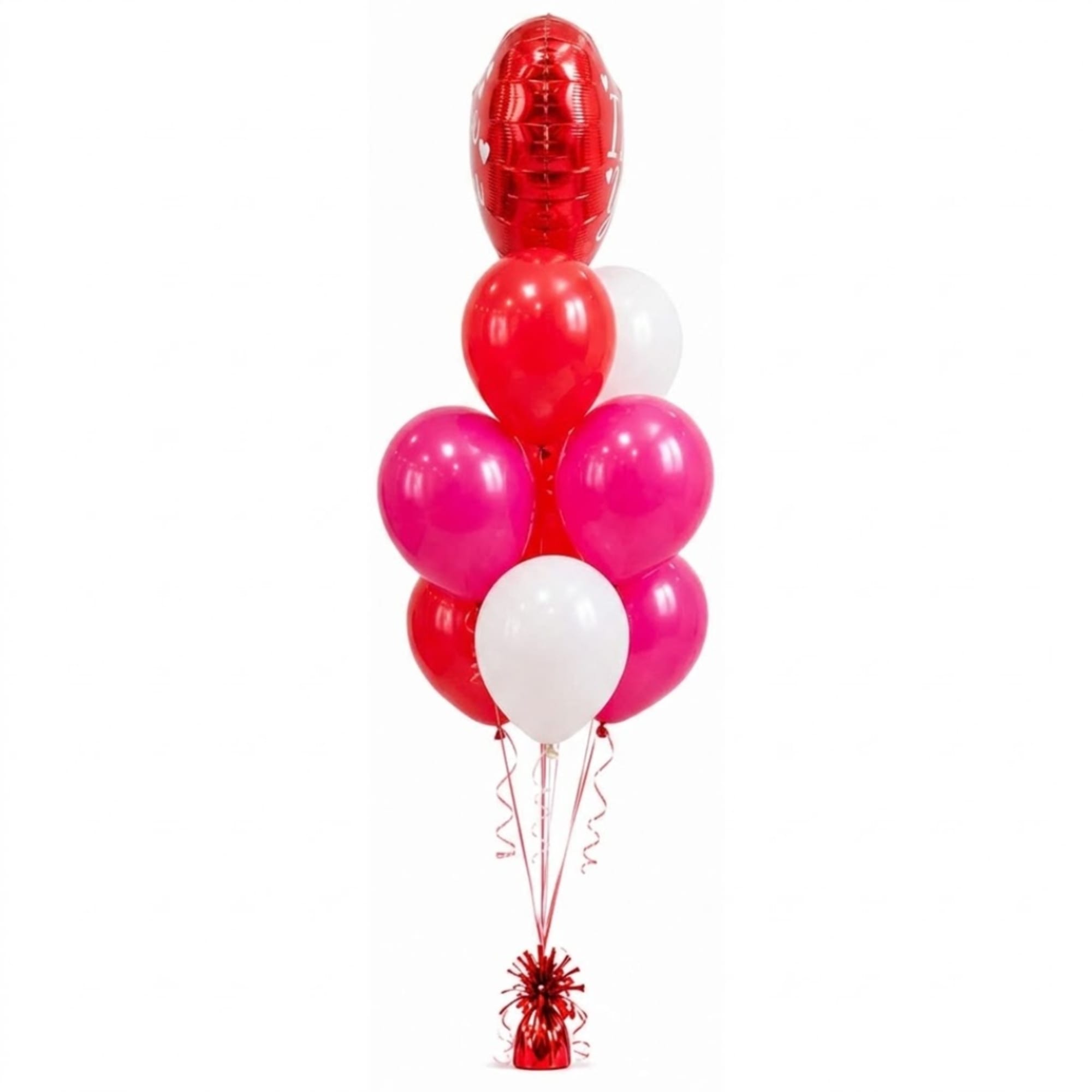 Cluster of red, pink, and white balloons with a heart-shaped top balloon