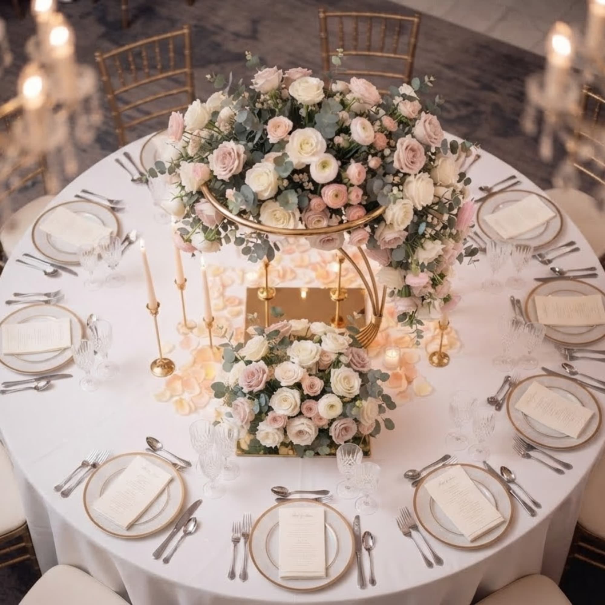 Round table with pastel floral centerpieces and gold candle holders