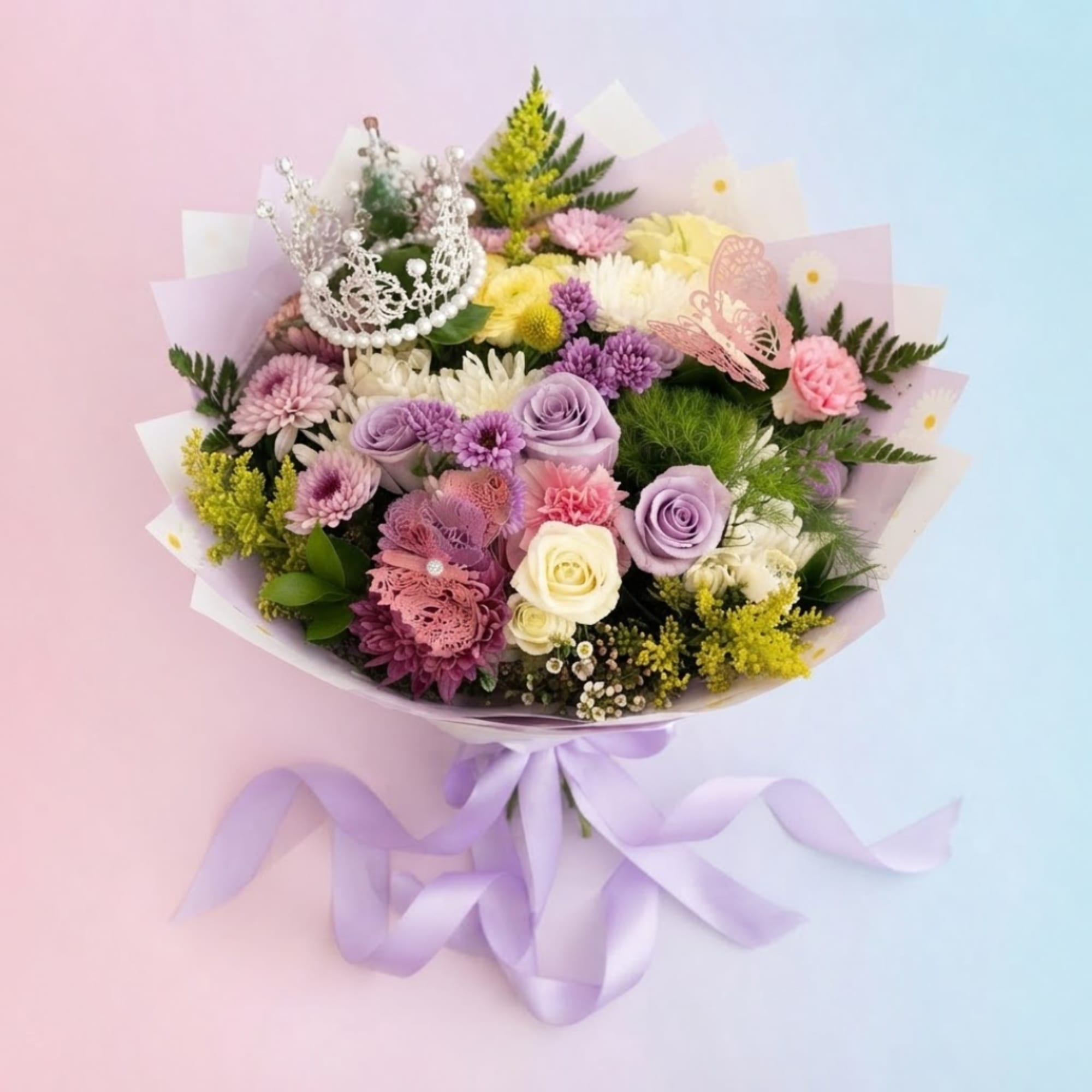 Pastel bouquet of mixed flowers with a lavender ribbon and decorative crown