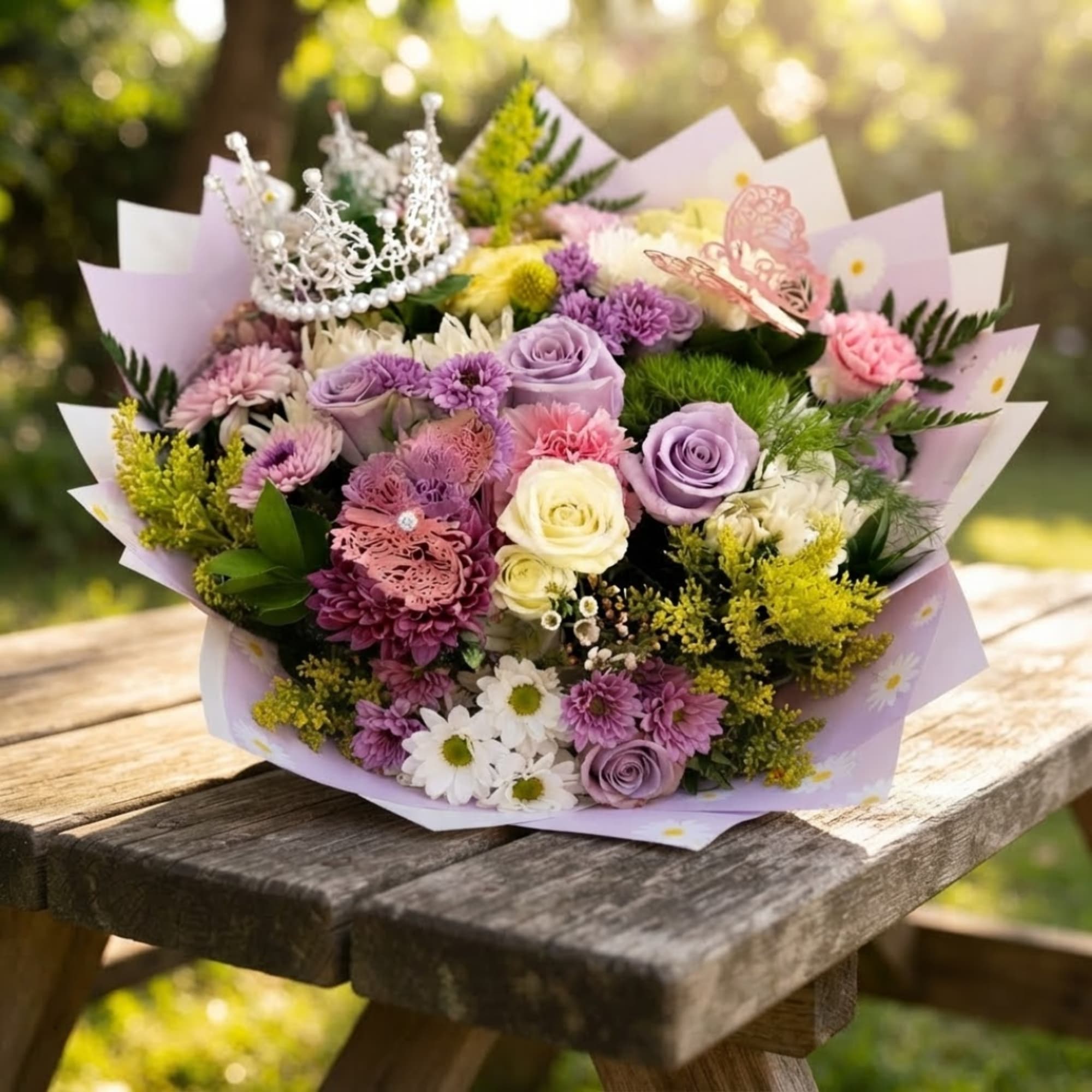 Bouquet of purple, pink, and white flowers wrapped in lavender paper