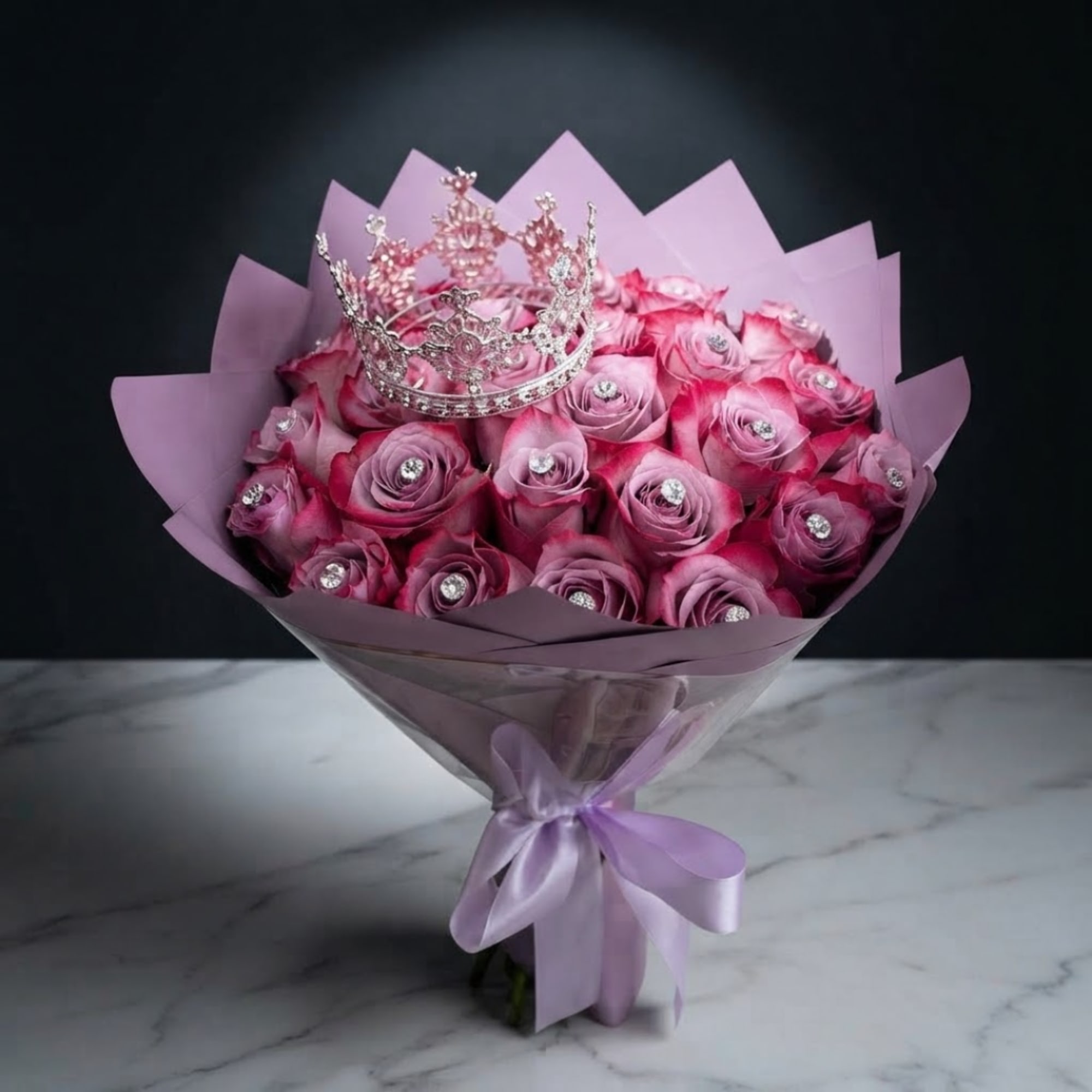 Pink rose bouquet with a jeweled crown and lavender wrapping, photo 3 of 5