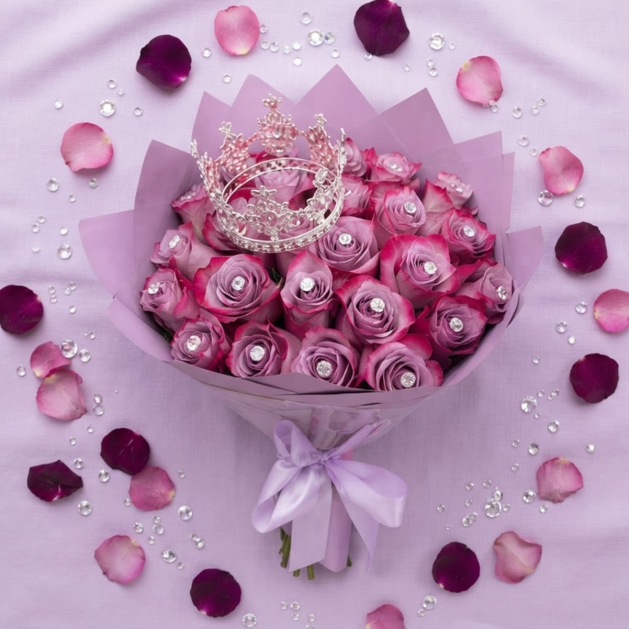 Pink rose bouquet with a jeweled crown and lavender ribbon