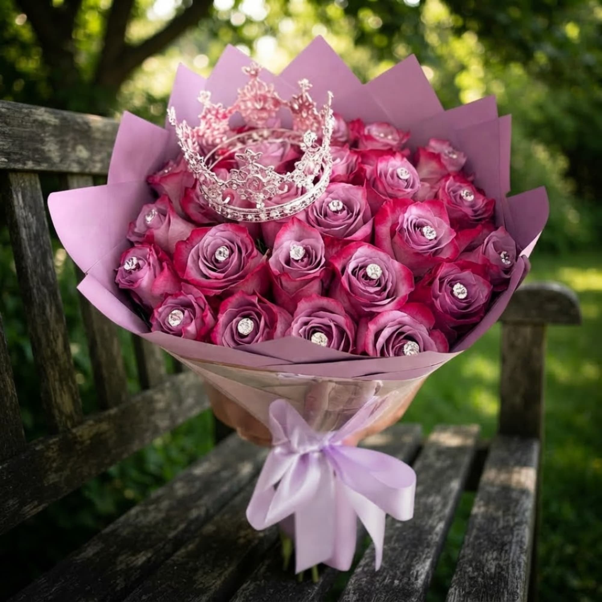 Pink rose bouquet with a jeweled crown and lavender wrapping, photo 5 of 5