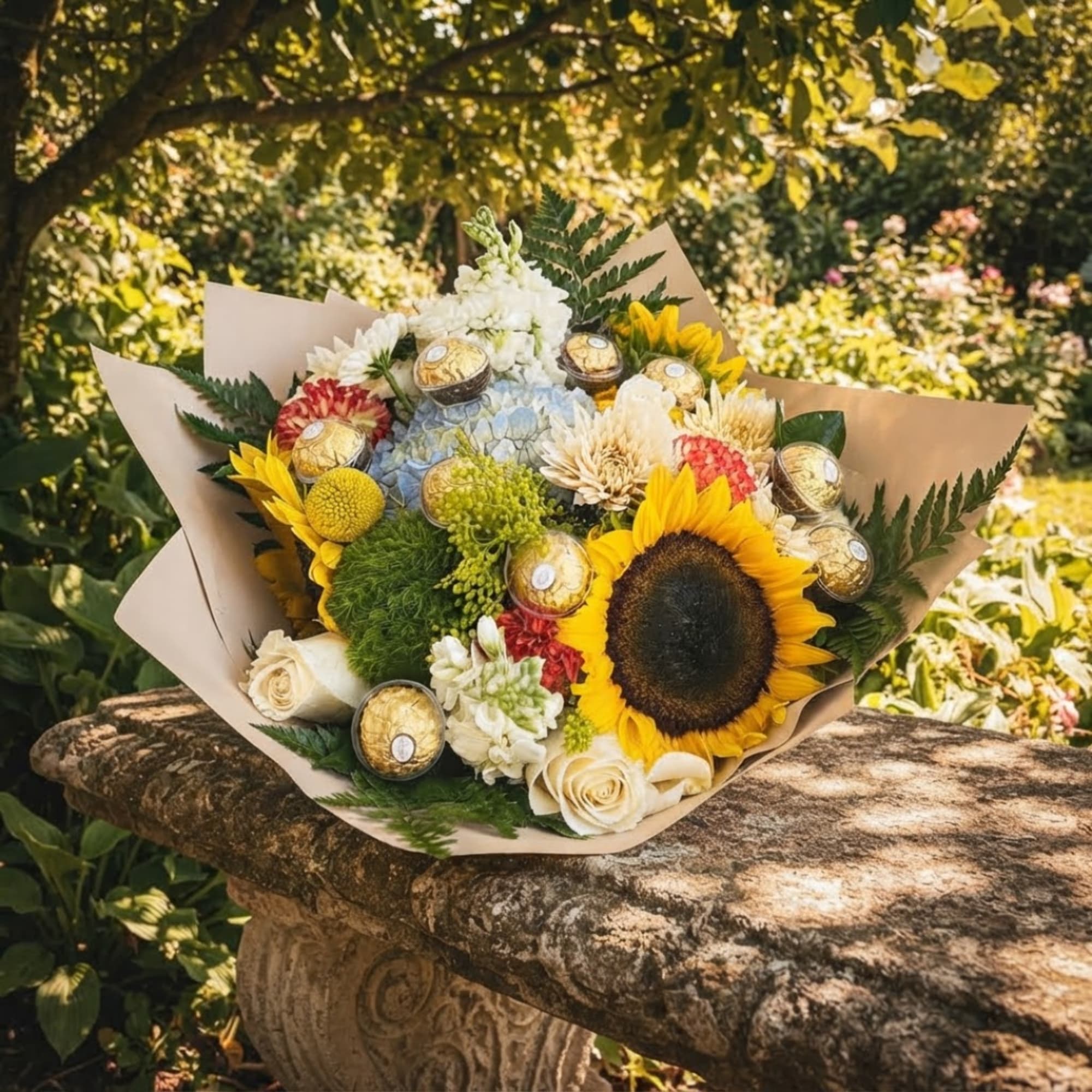 Bouquet with a sunflower, white roses, and mixed blooms wrapped in paper