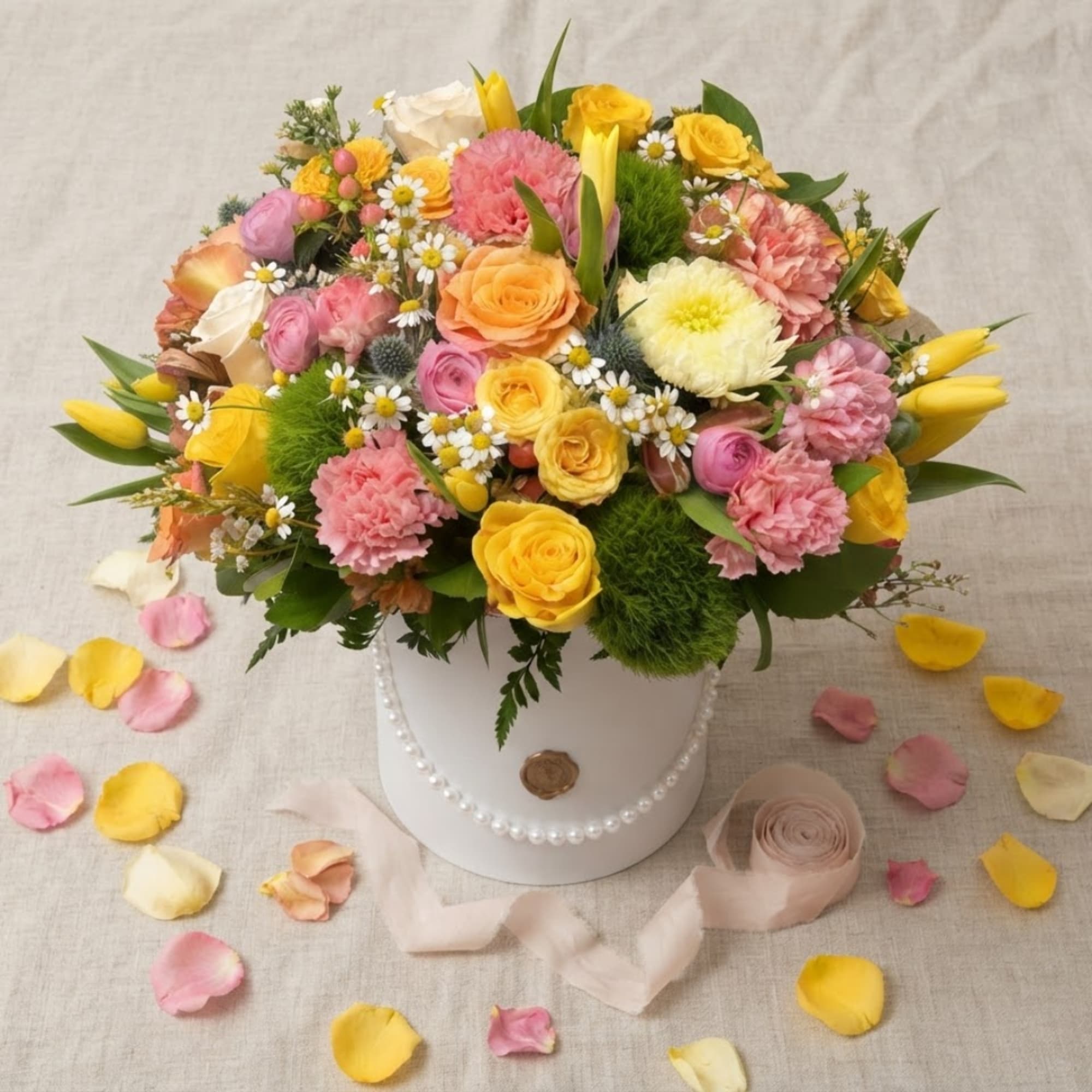 Mixed bouquet of yellow, pink, and white flowers in a white hatbox, photo 2 of 5