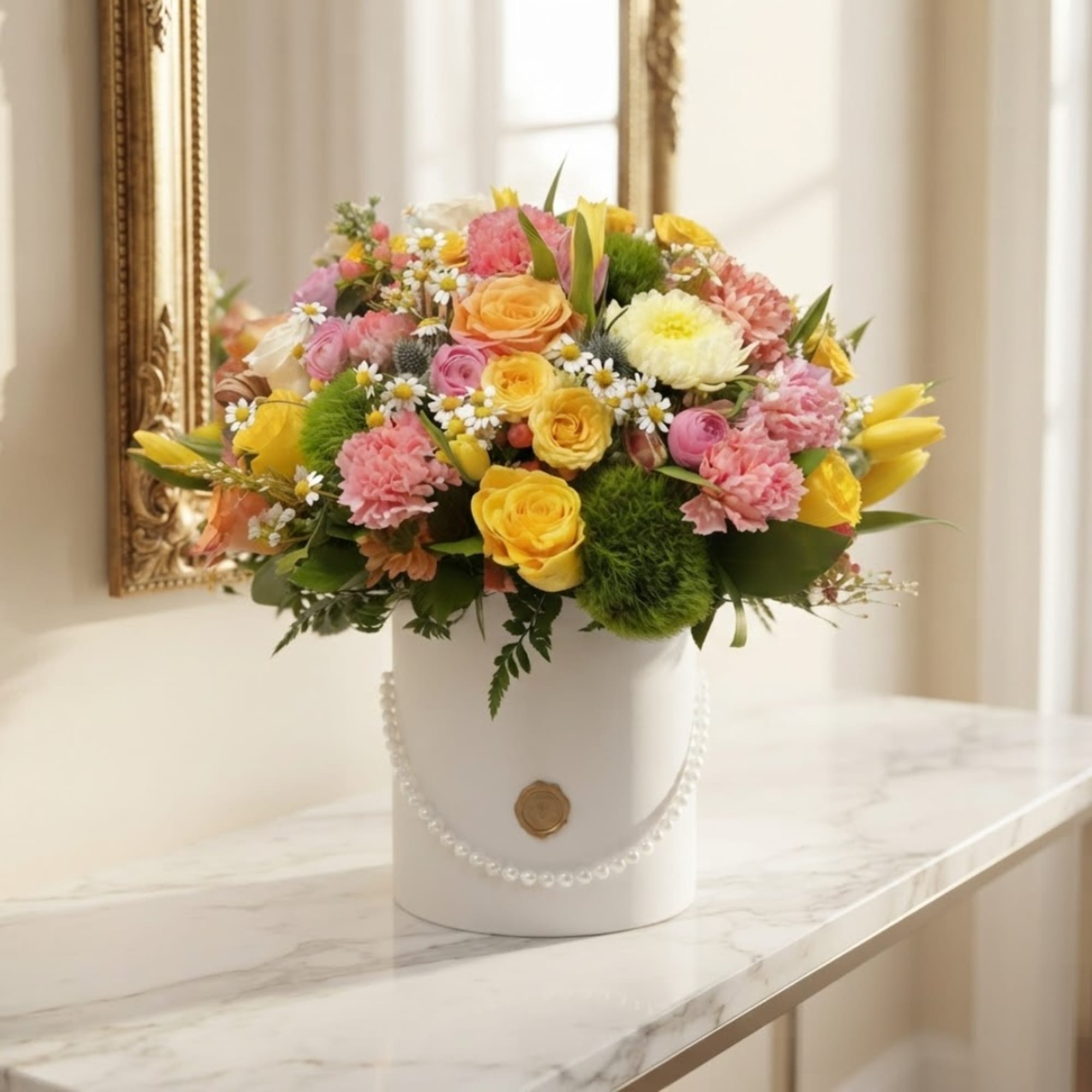 Mixed bouquet of yellow, pink, and white flowers in a white hatbox, photo 4 of 5