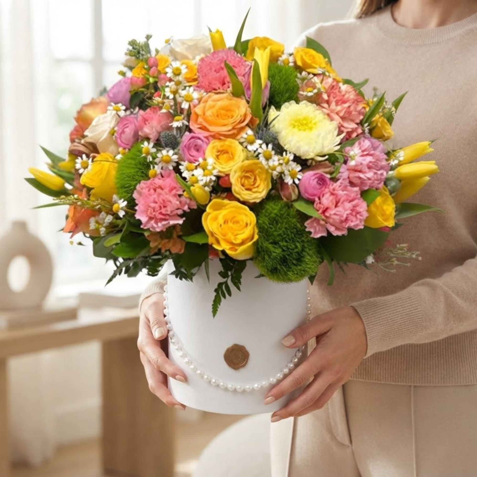 Mixed bouquet in a white round box with pink, yellow, and white flowers