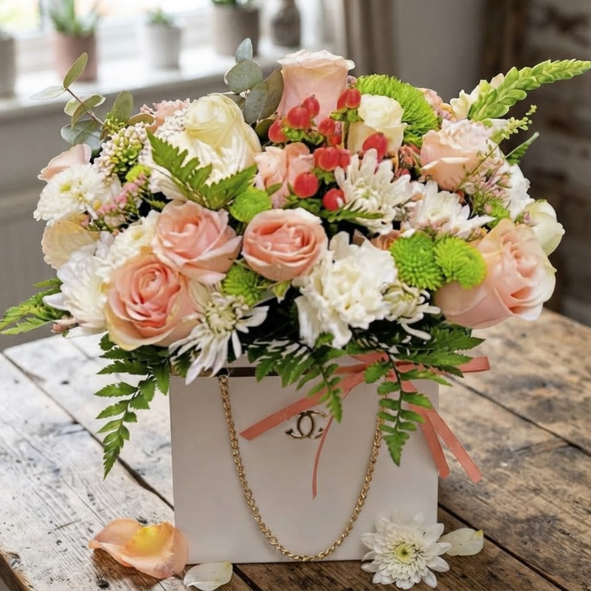 Pink roses and white flowers arranged in a white gift bag with a ribbon