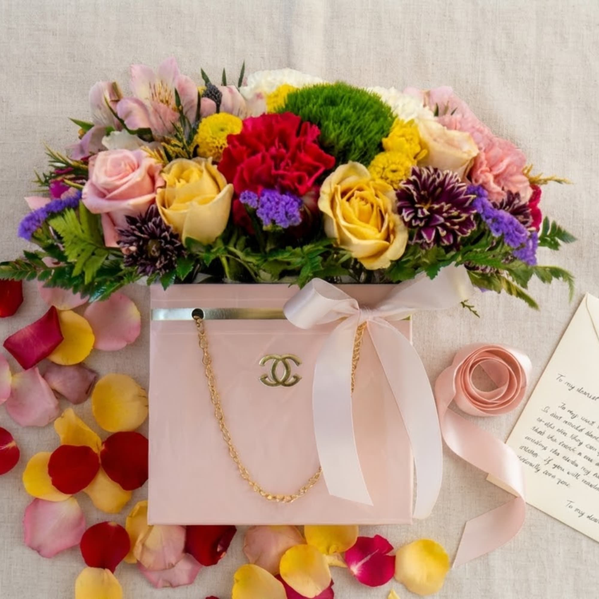 Pink gift box topped with a mixed flower arrangement and ribbon