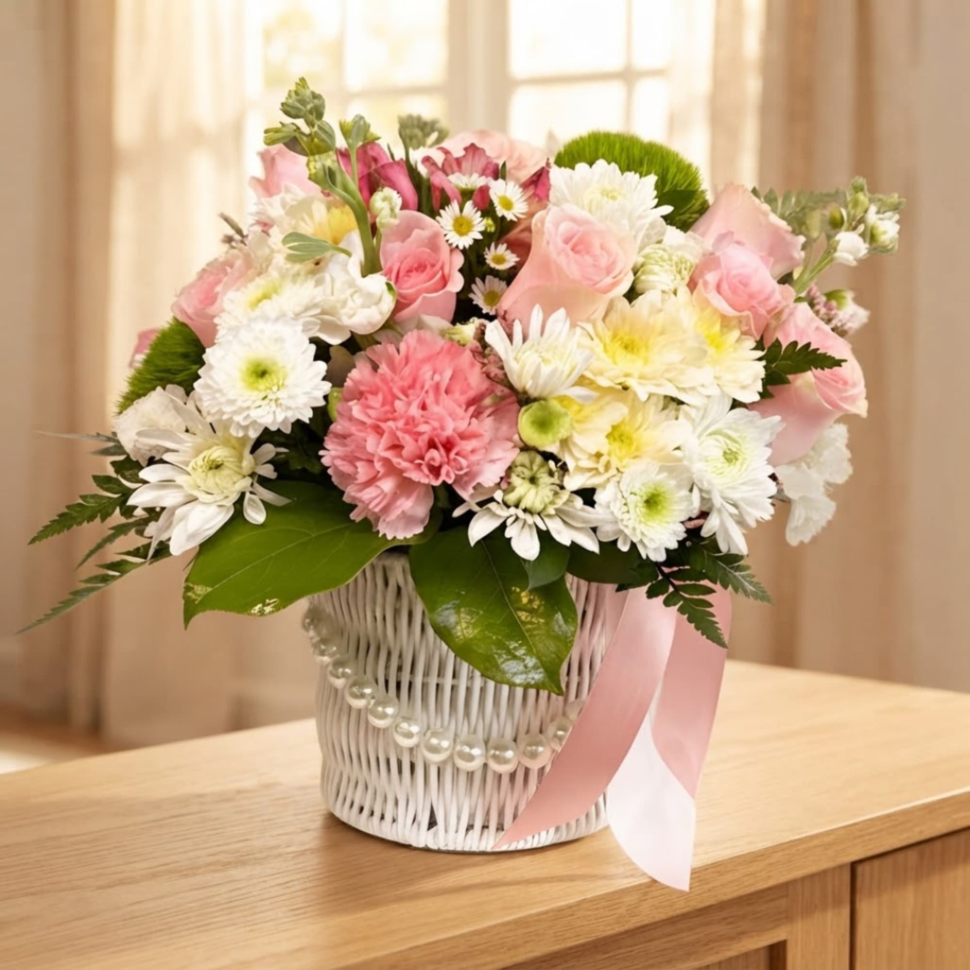 Pink and white mixed flower arrangement in a white basket with a pink ribbon