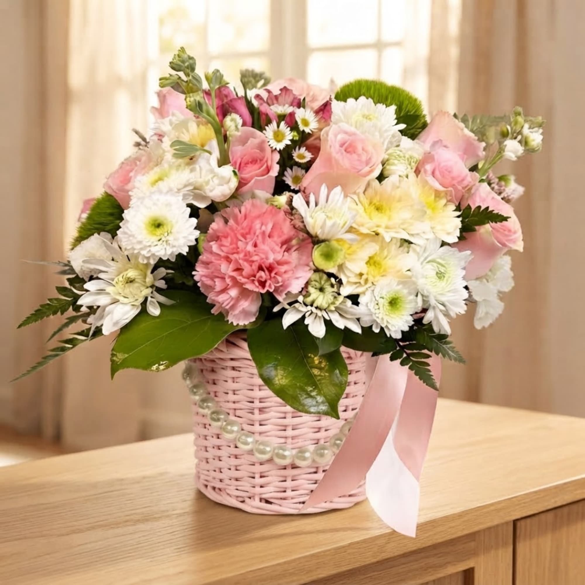 Pink and white mixed flower arrangement in a pink basket with ribbon
