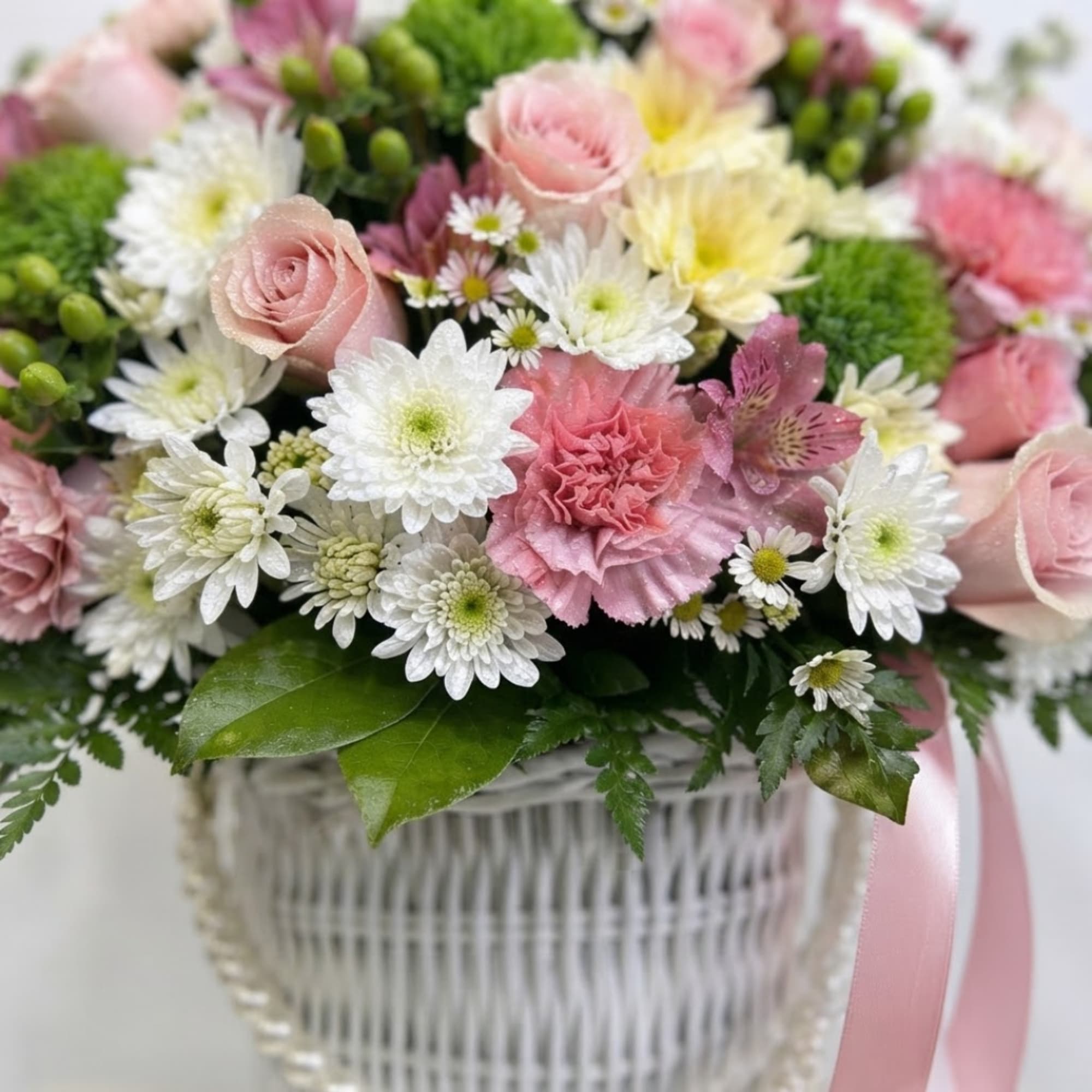 Pink and white flower arrangement in a white basket with a pink ribbon