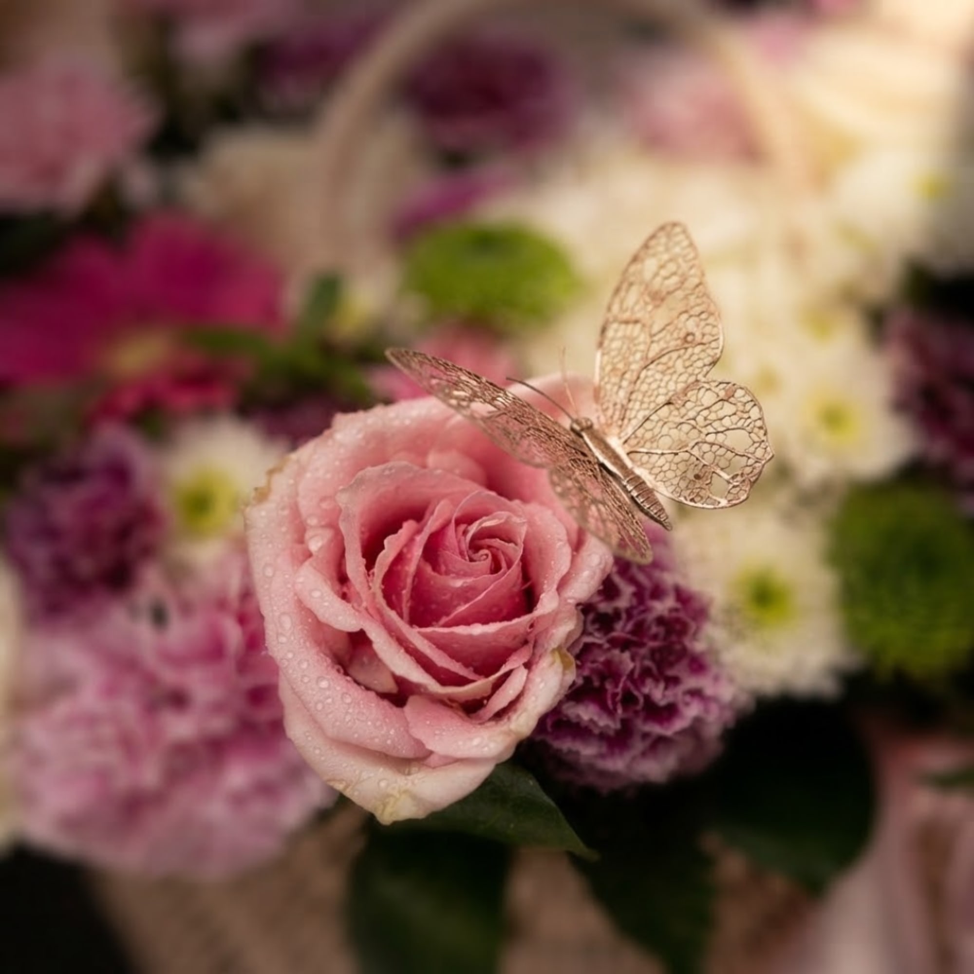 Pink rose with a decorative butterfly in a floral arrangement