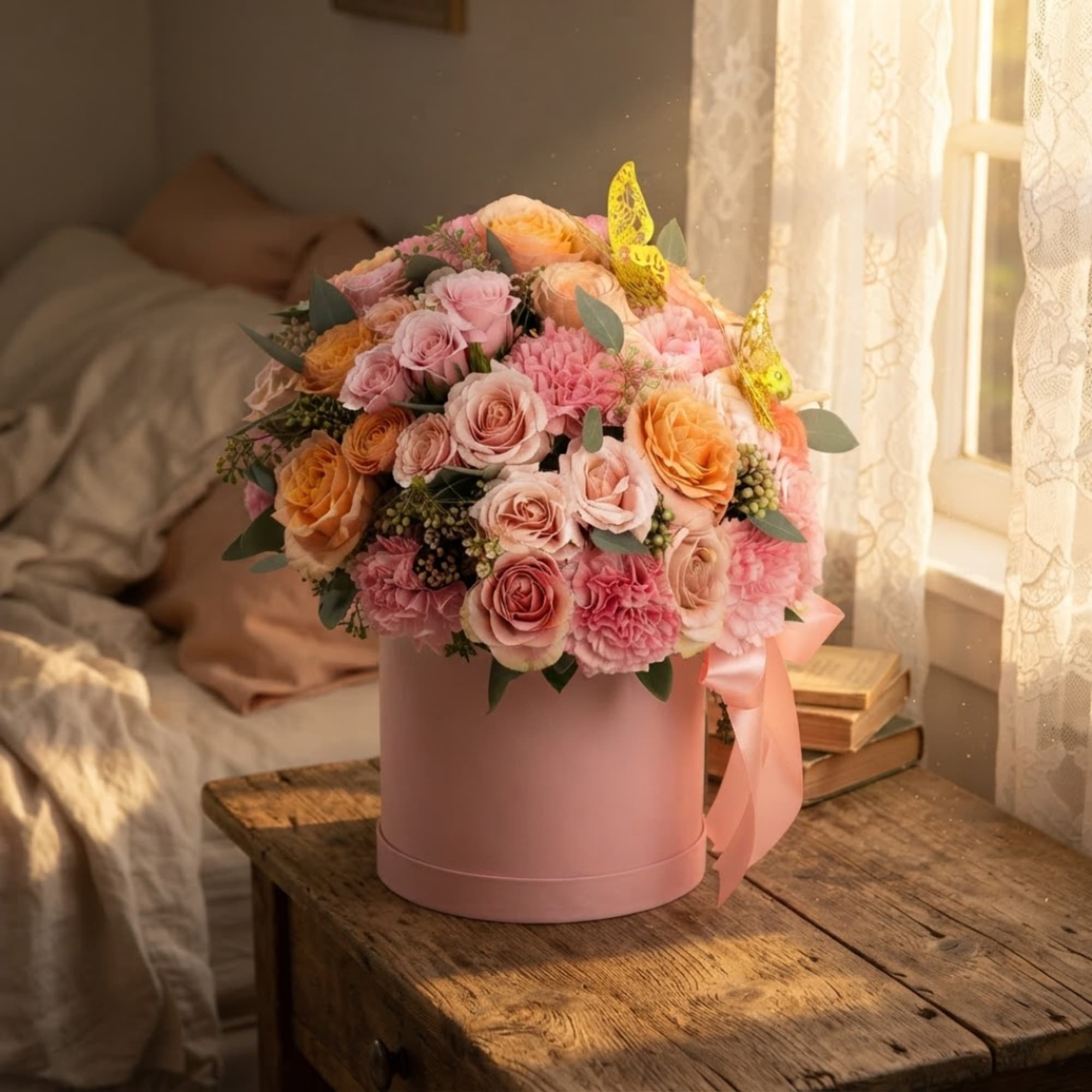 Pink and peach rose bouquet in a round pink box with ribbon, photo 5 of 6