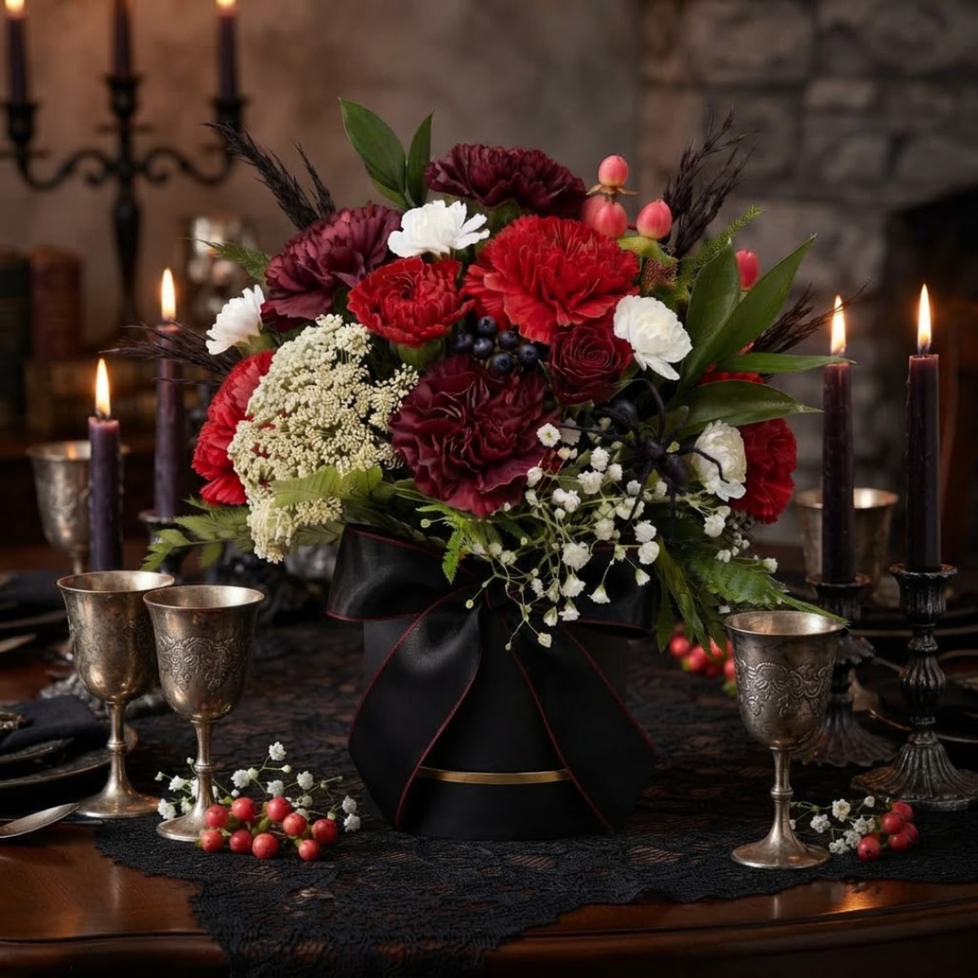 Red and white floral arrangement in a black vase with candles