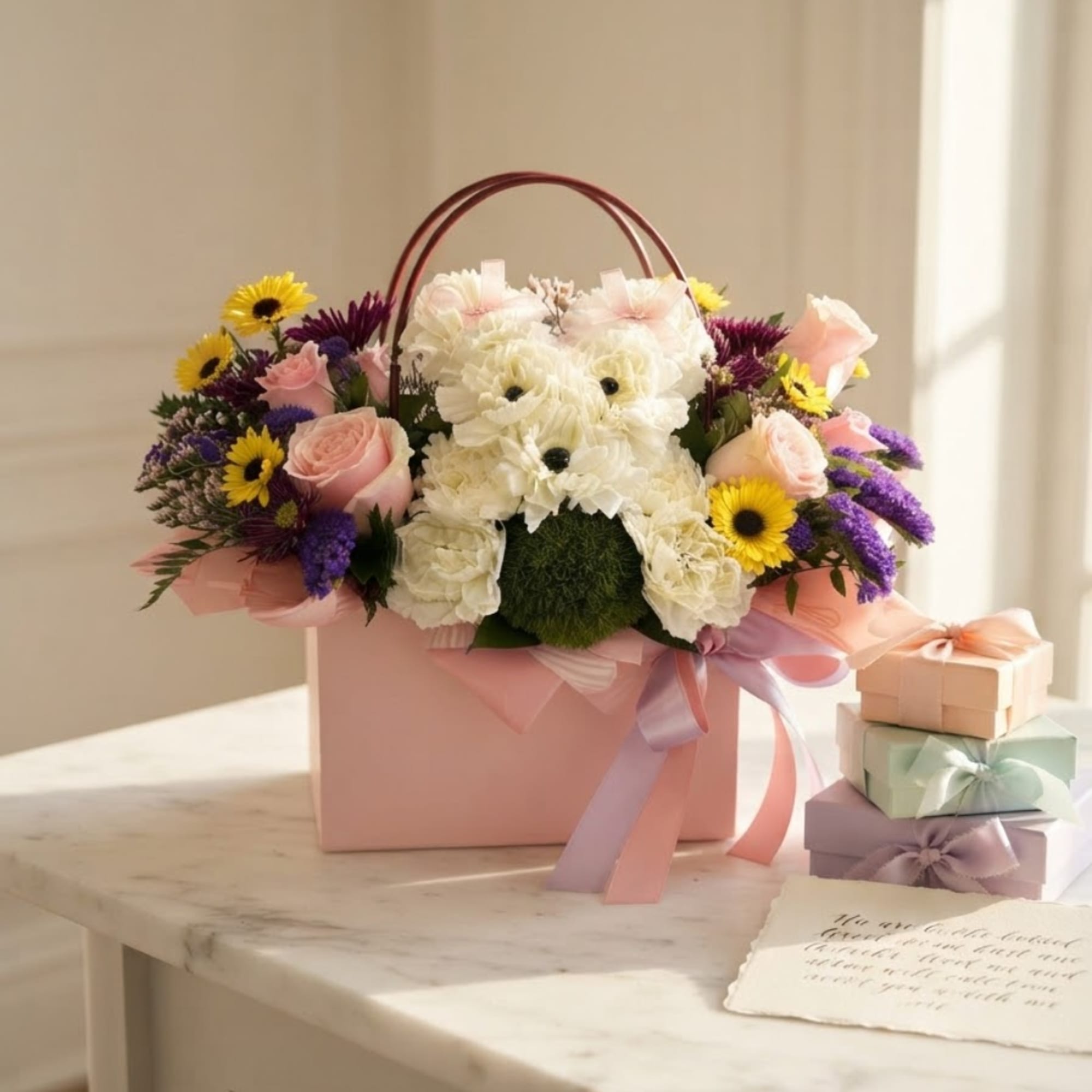 Pink gift box with a teddy bear floral arrangement and small wrapped gifts