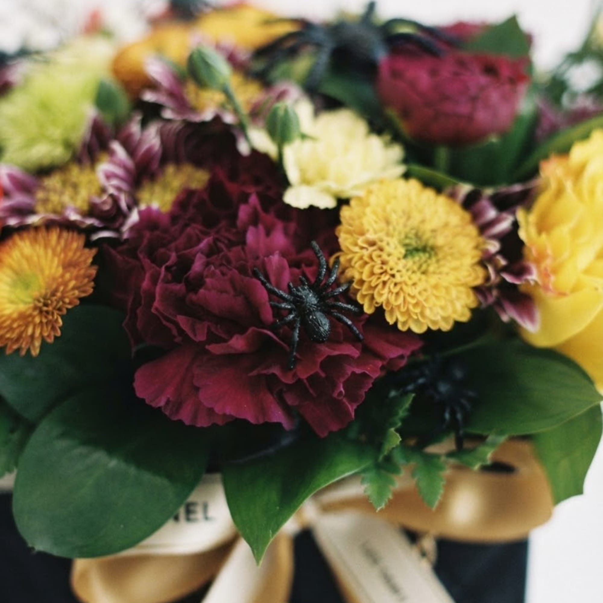 Mixed bouquet with burgundy and yellow chrysanthemums and a black spider decoration