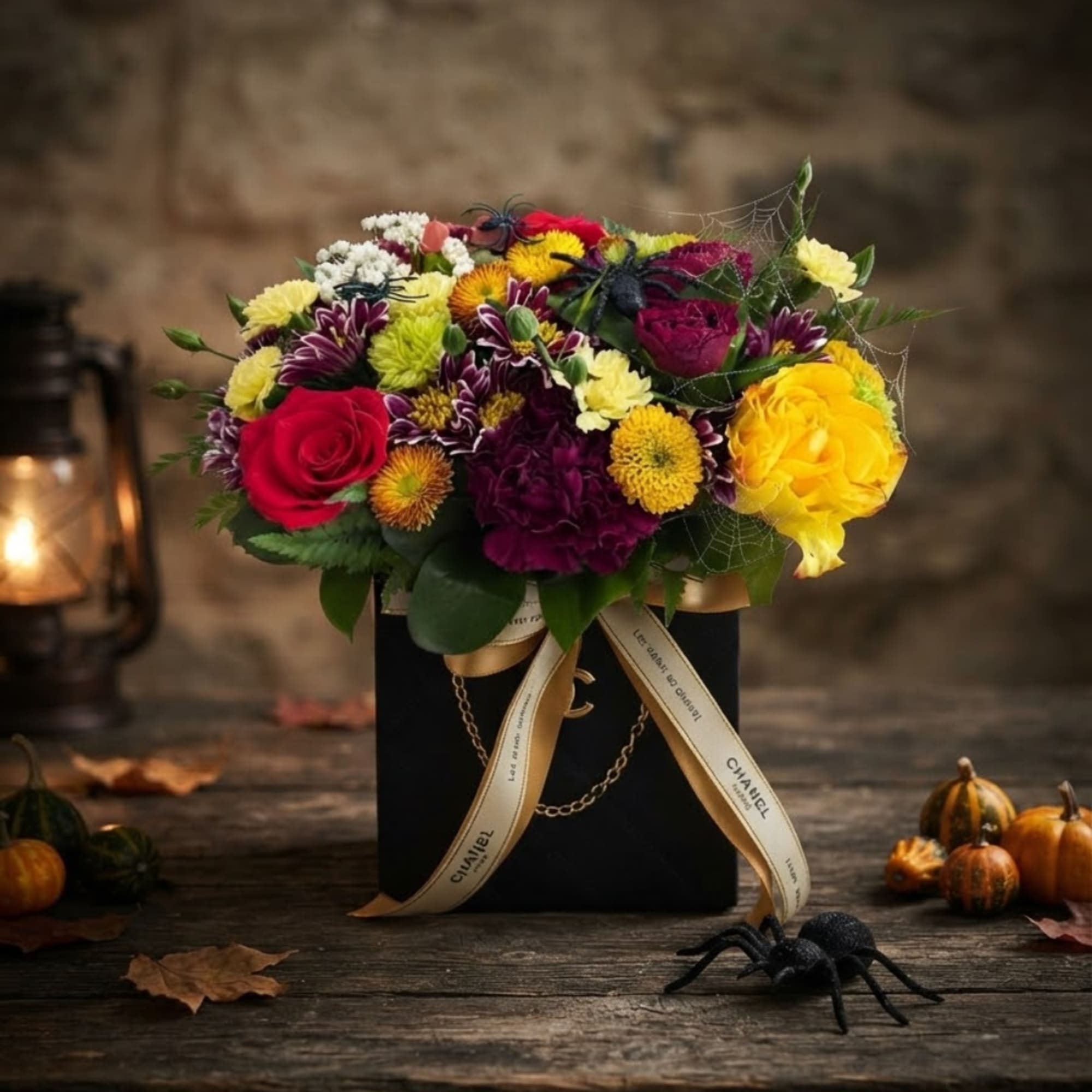 Mixed bouquet in a black box with red, yellow, and purple flowers