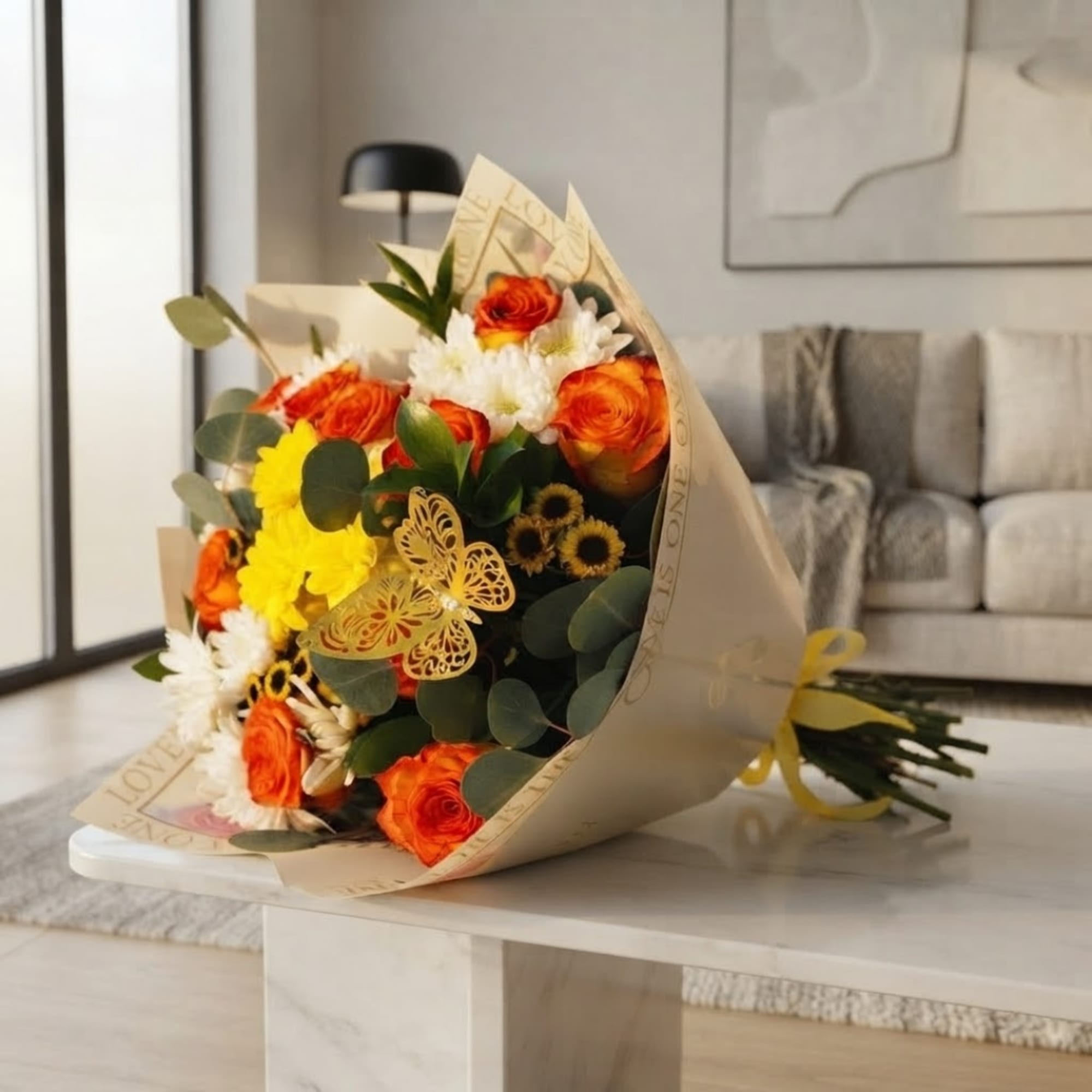 Bouquet of orange roses, yellow blooms, and white flowers wrapped in paper
