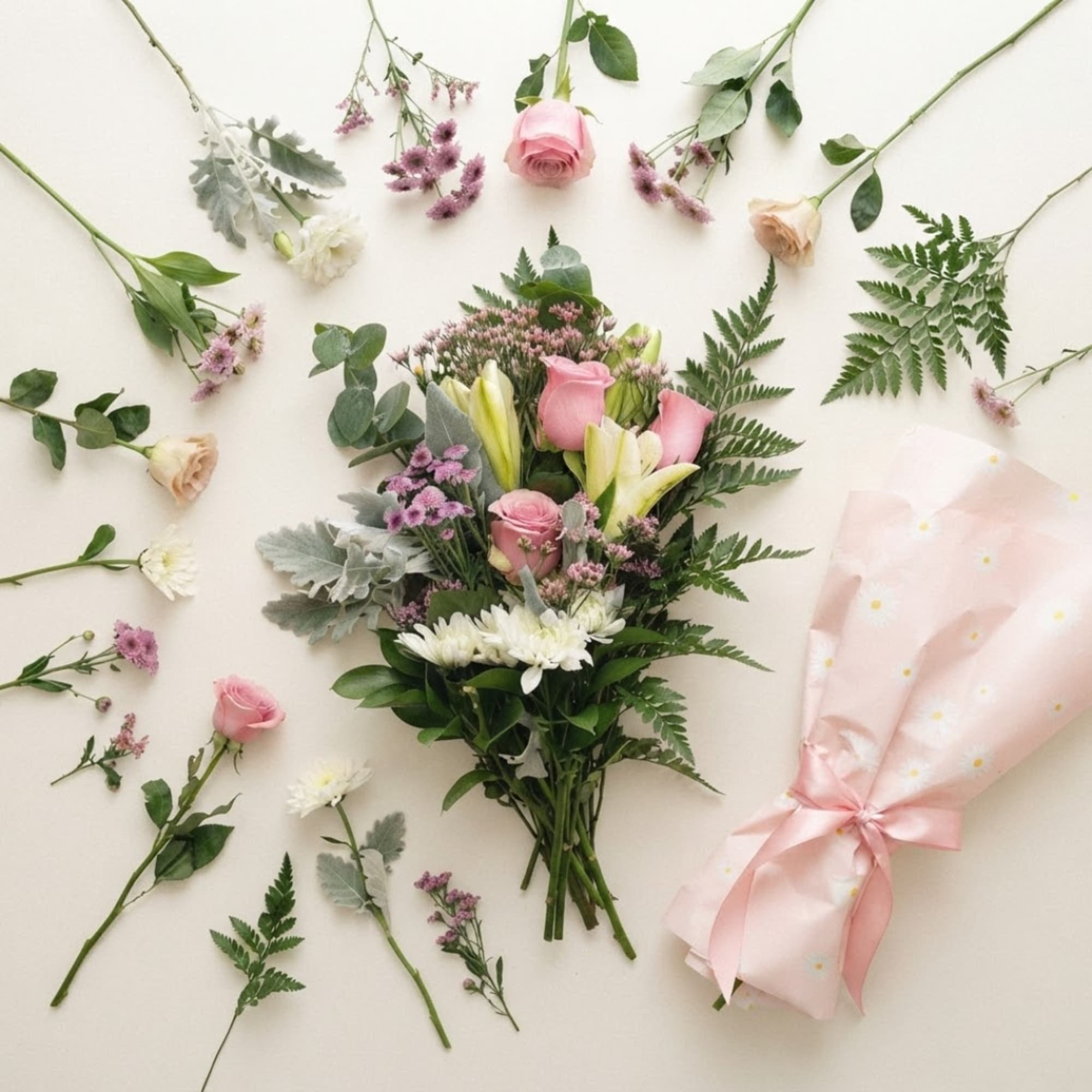 Pink rose bouquet with lilies and white blooms, wrapped in pale pink paper