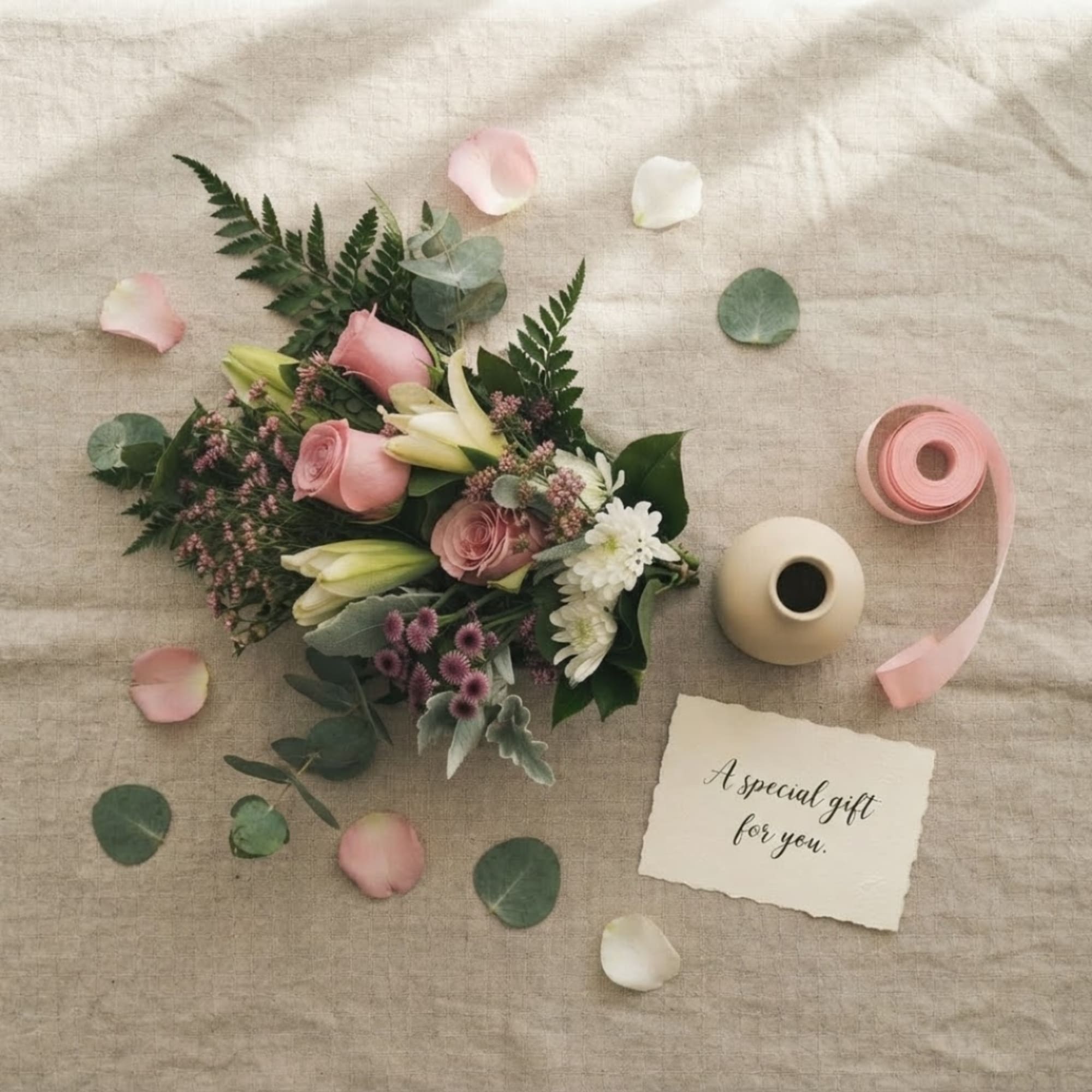 Pink rose bouquet with white lilies and a ribbon spool on linen
