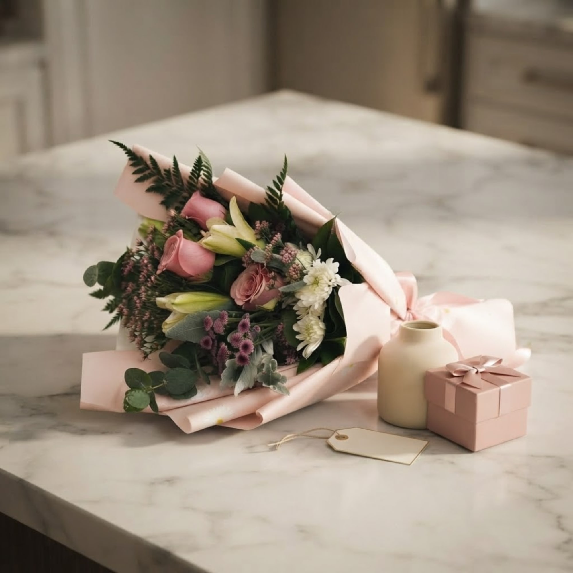 Pink and white bouquet with lilies and roses, beside a small gift box and vase